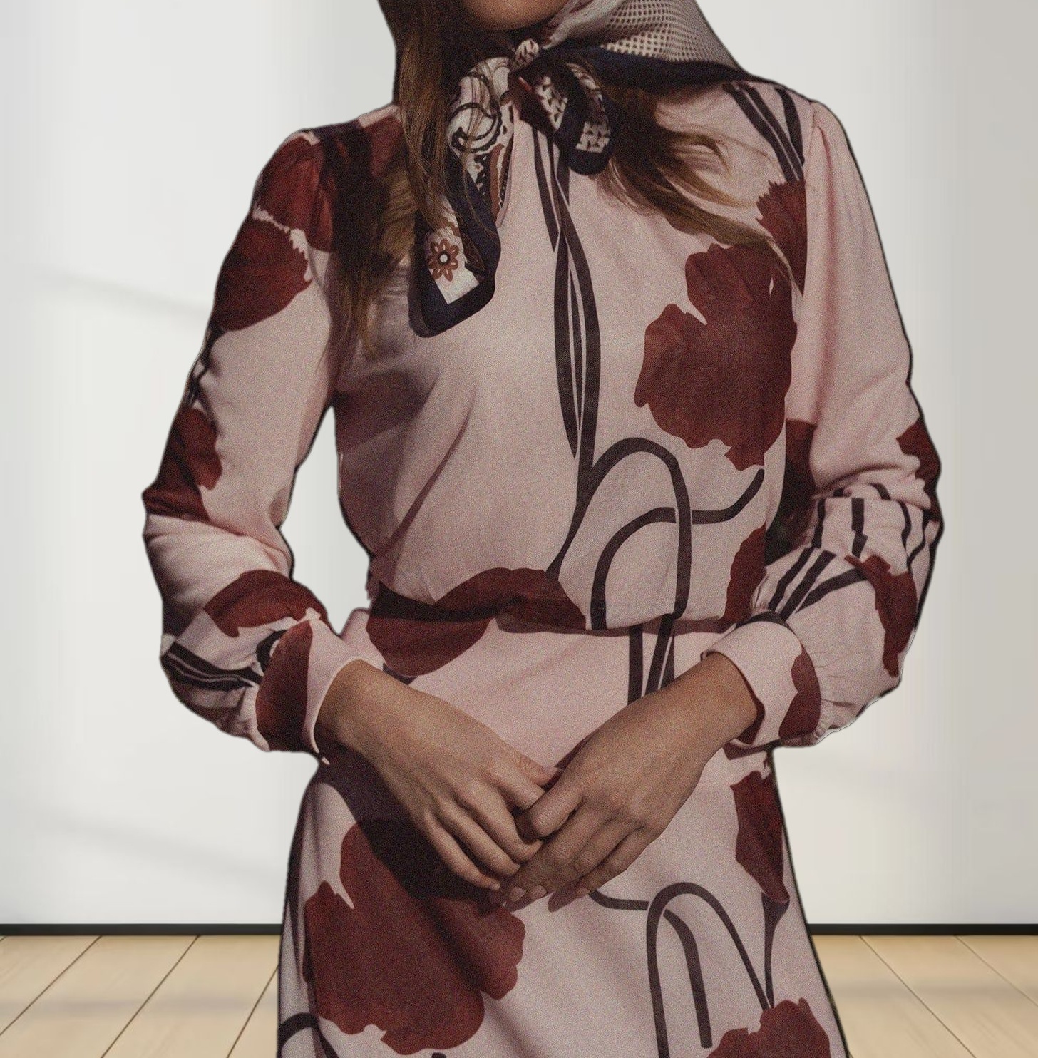 Waist Yoke Dress-Mesh Pink Floral