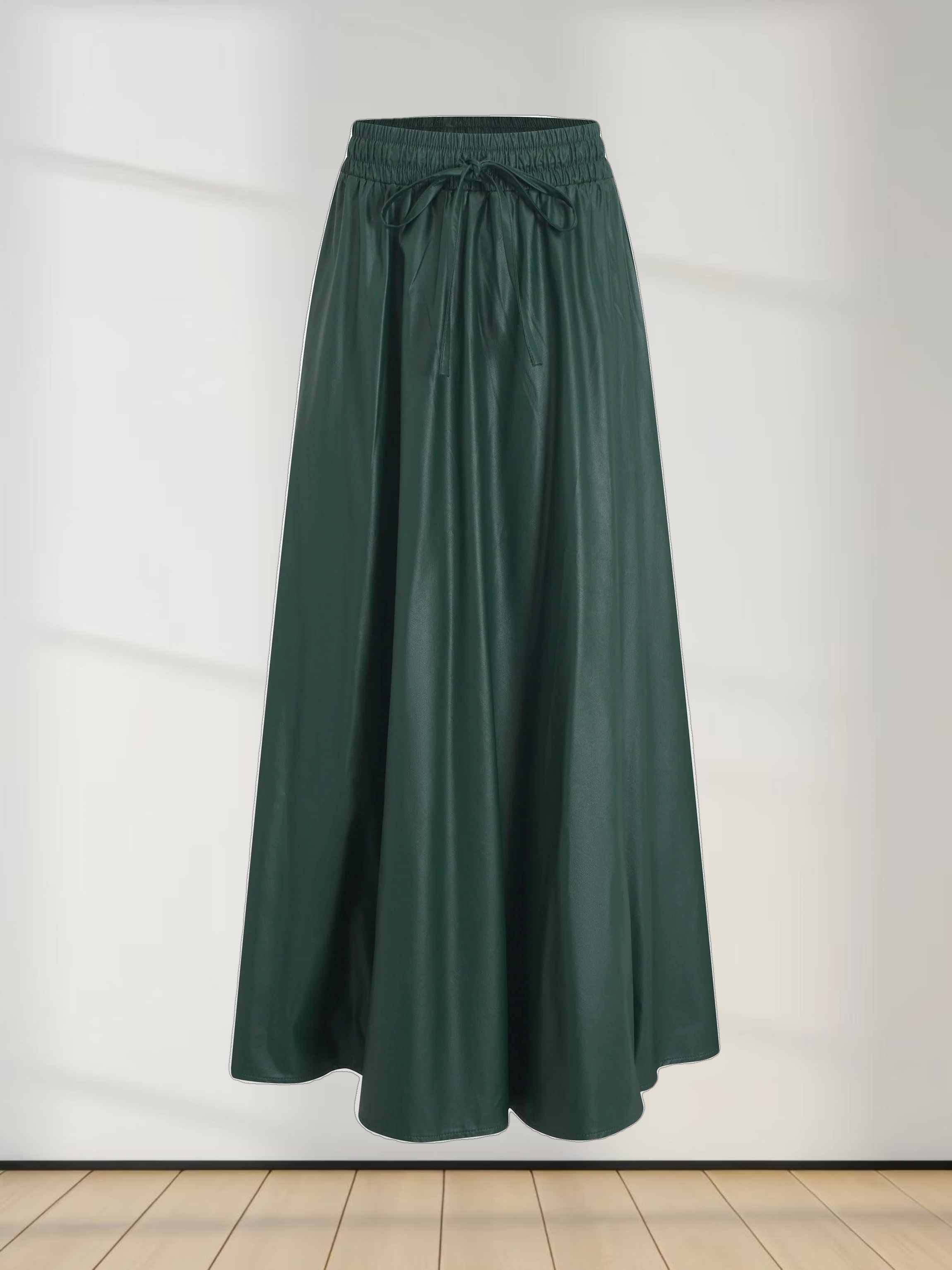 Drawstring Faux Leather Skirt-Hunter Green
