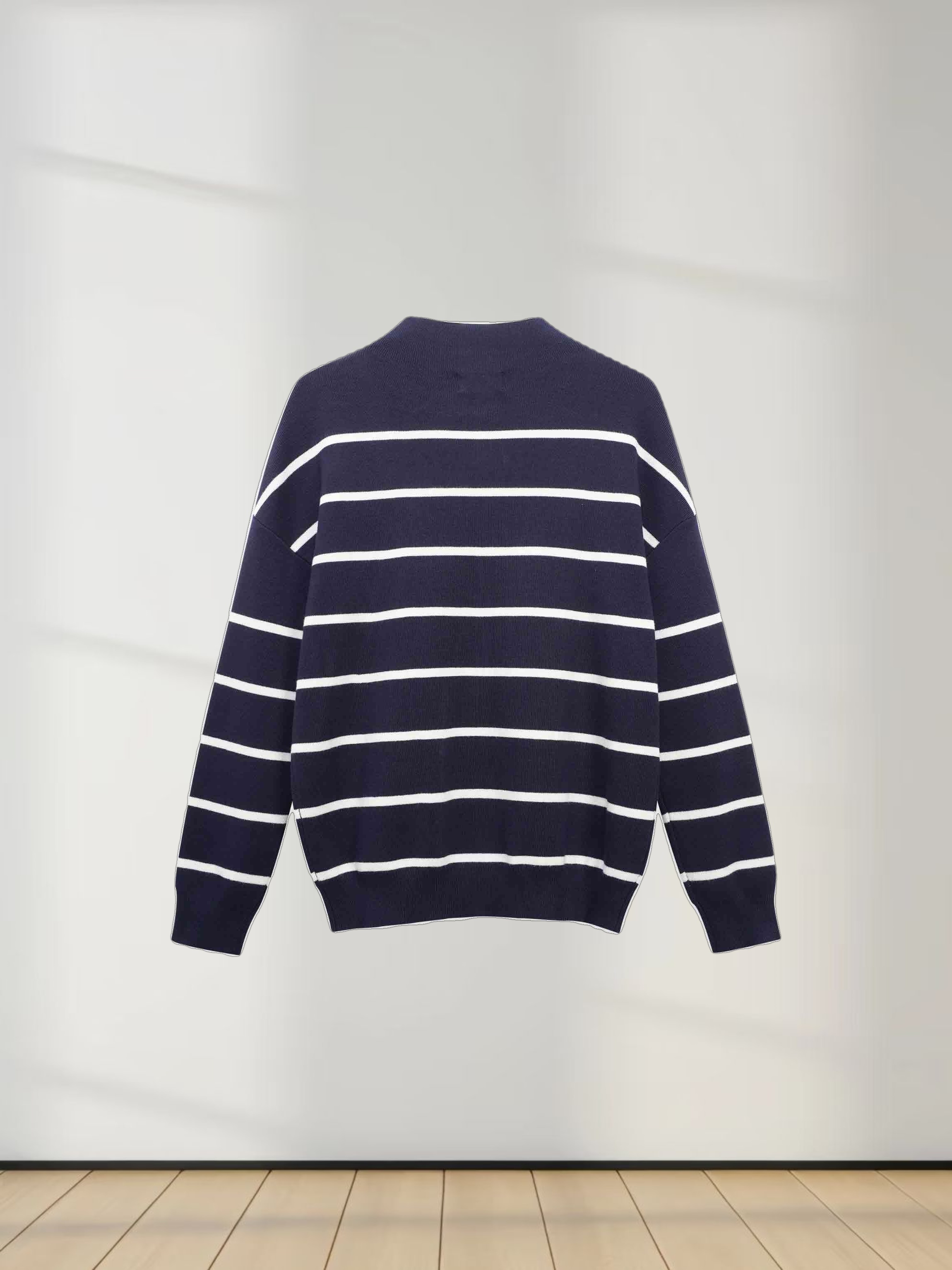 Mock Neck Thin Knit Sweater-Navy/Cream