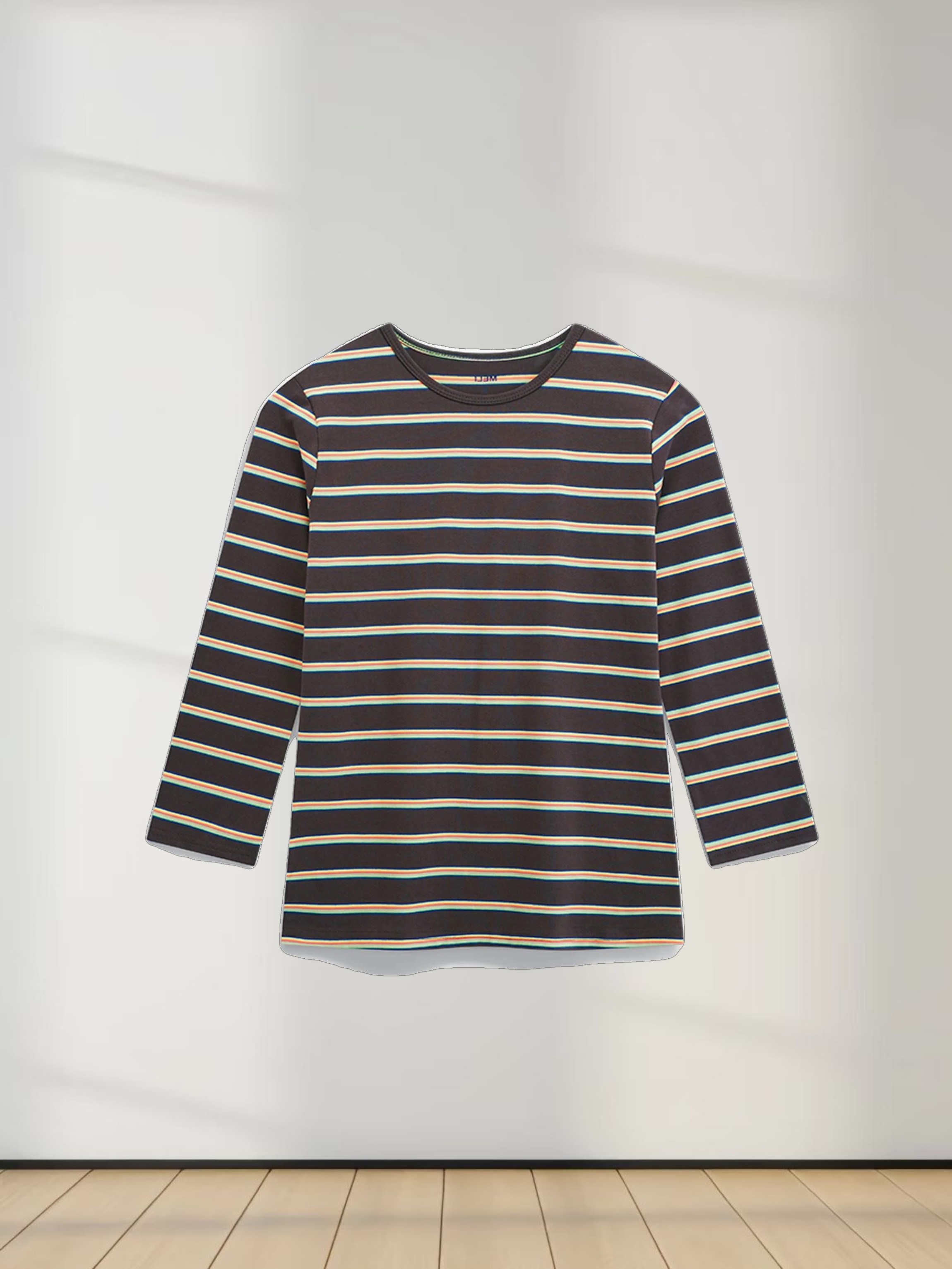Flat Striped Crew Tee 3Q-Charcoal Grey/Neon Stripe