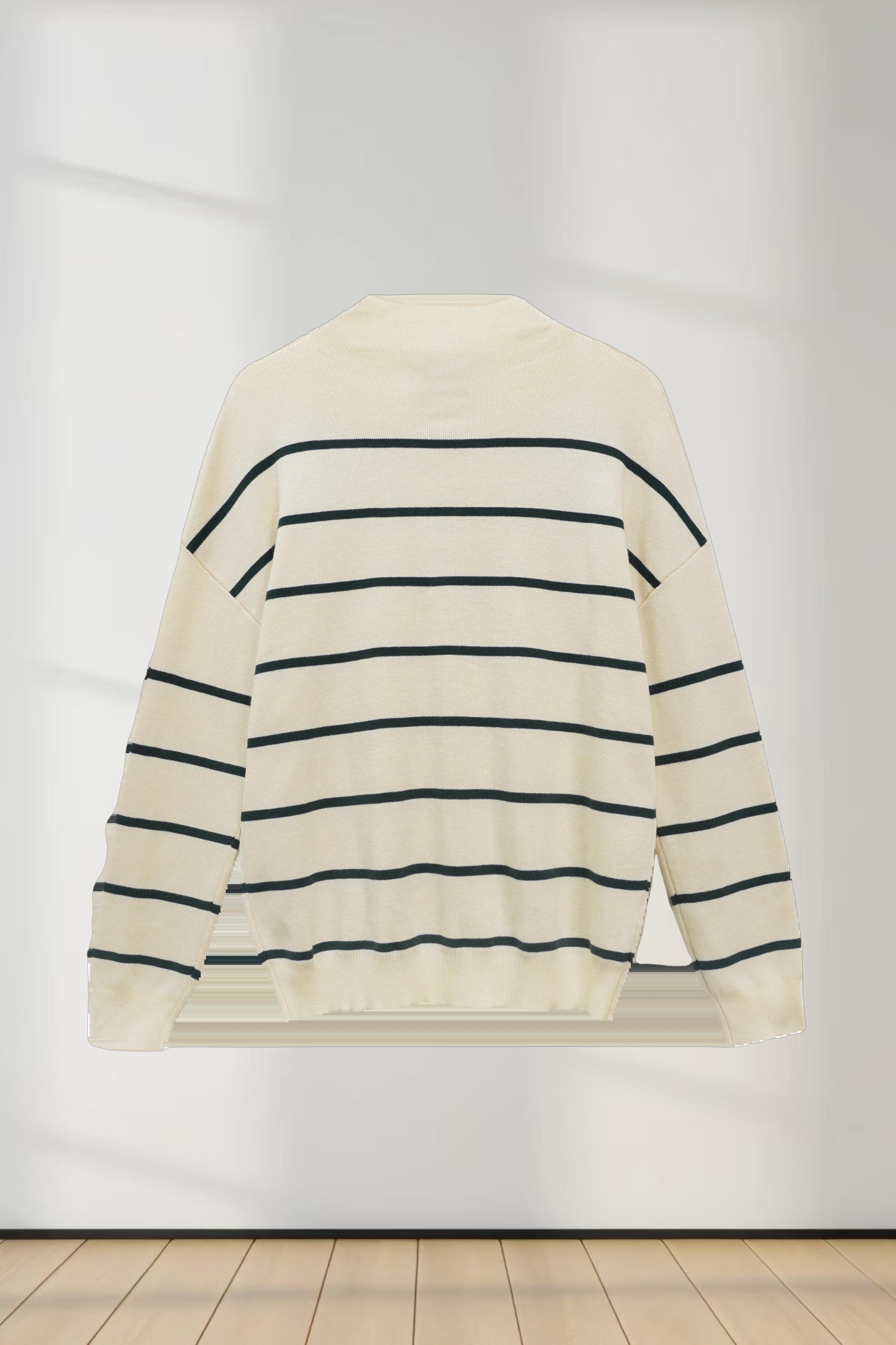 Mock Neck Thin Knit Sweater-Cream/Green