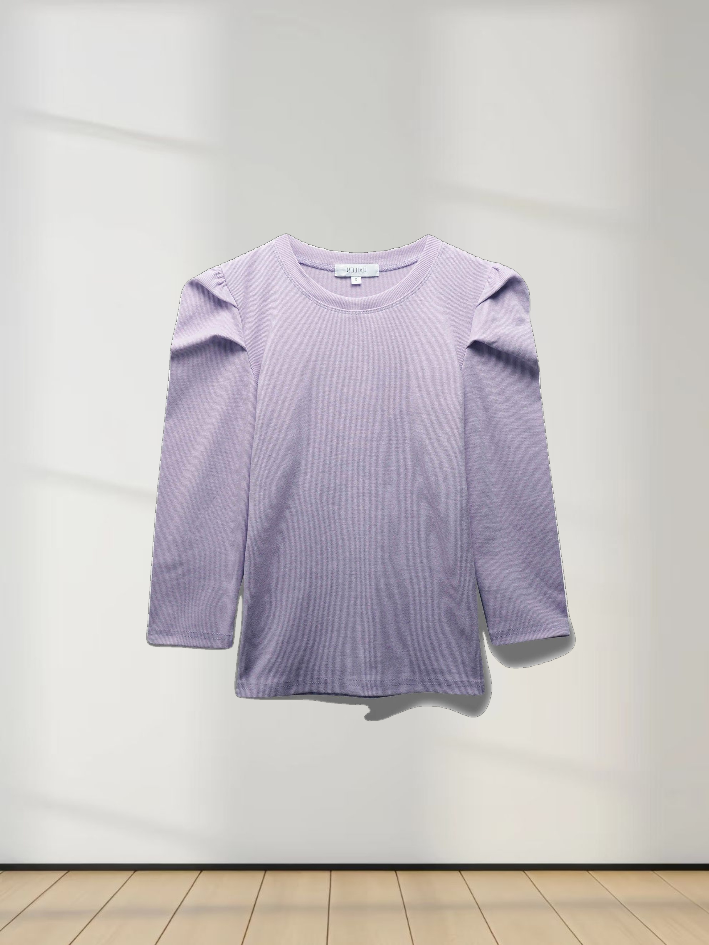 Ribbed Crew Neck Puff Sleeve Top-Lavender