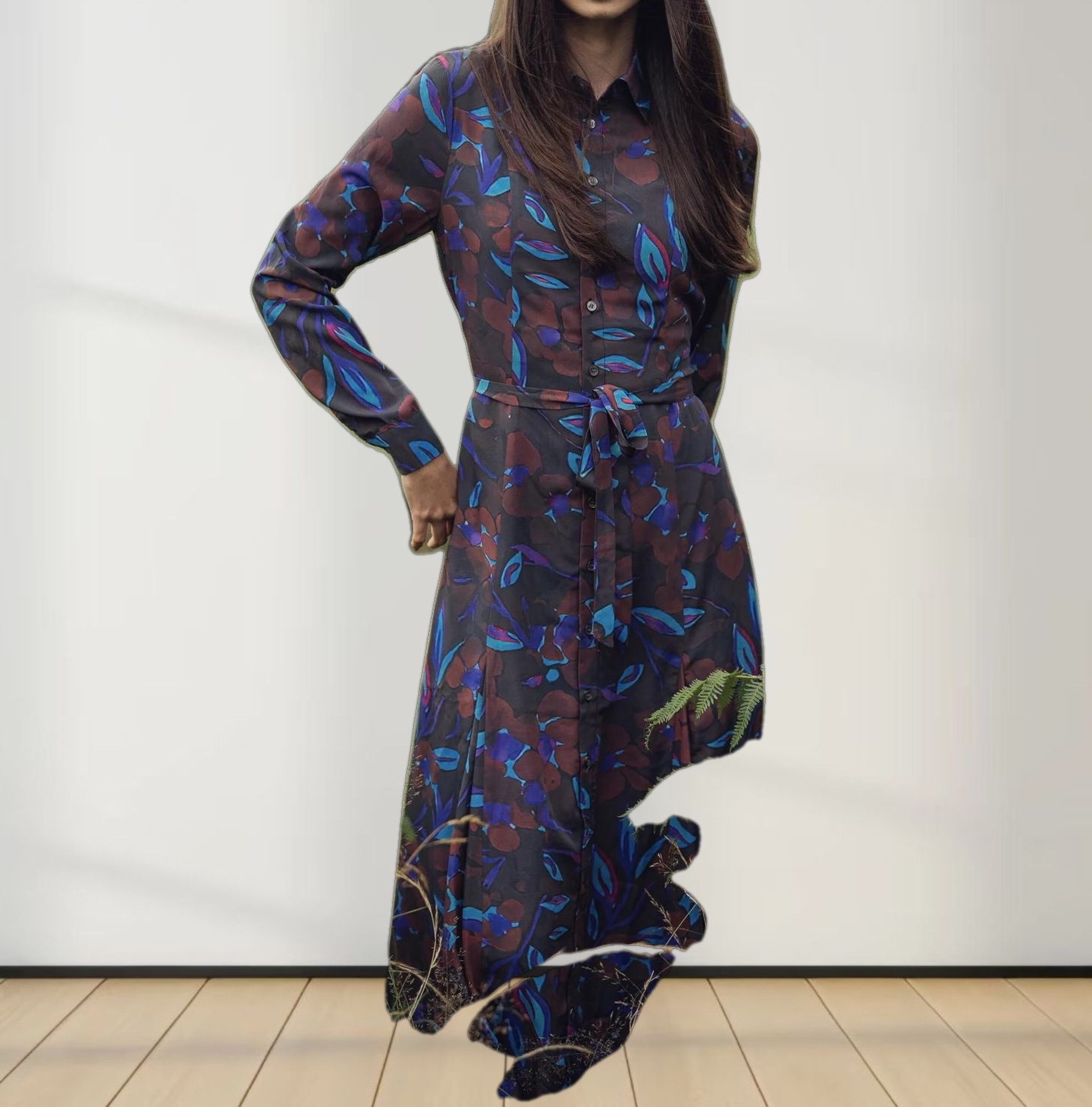 Collared A-Line Shirtdress-Brown Floral