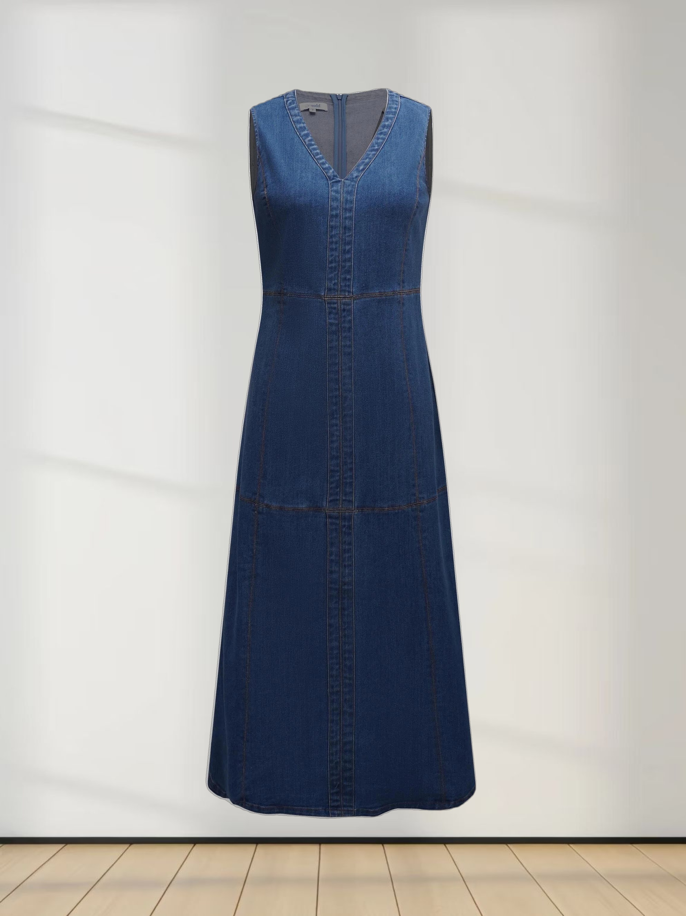 High Waisted V Neck Denim Jumper-Blue