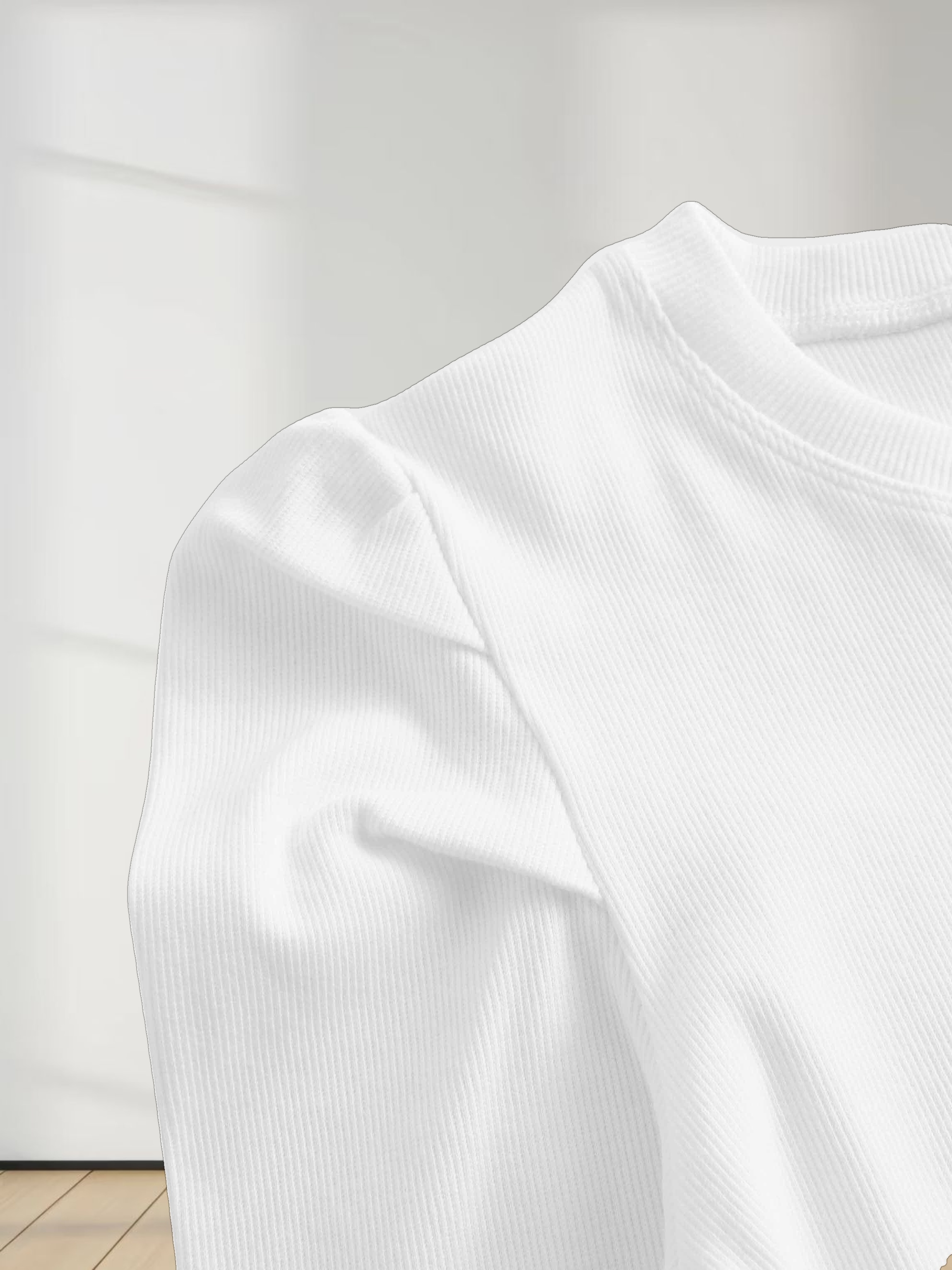 Ribbed Crew Neck Puff Sleeve Top-White