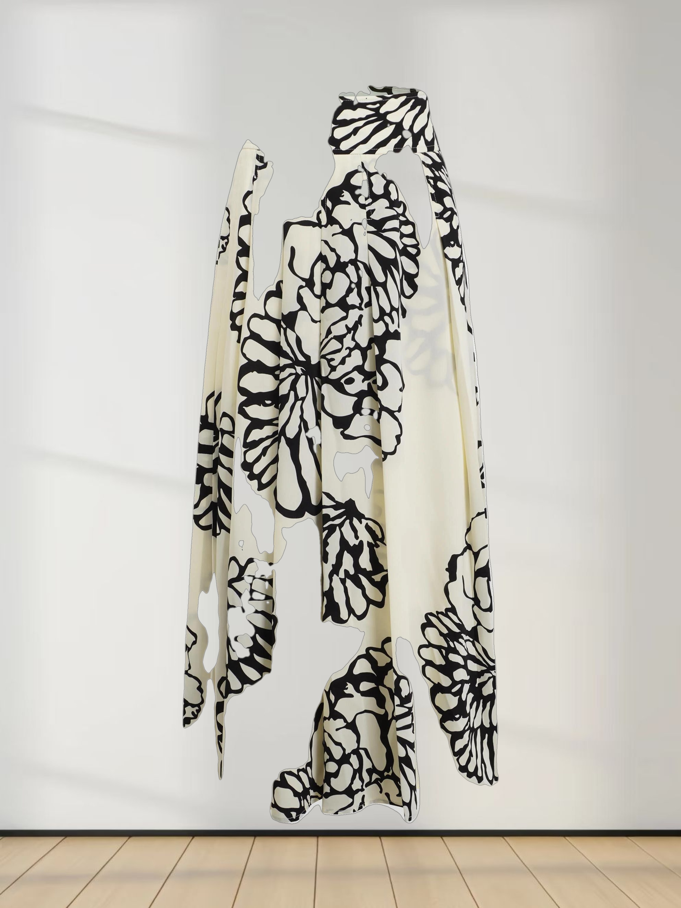 Printed Yoke Pleated Skirt-Cream/Black Floral