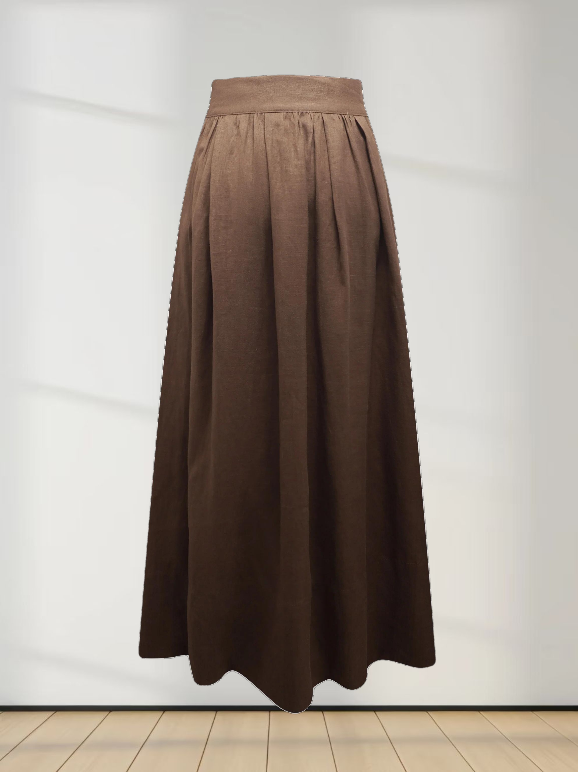 Gathered Waist Linen Skirt-Brown
