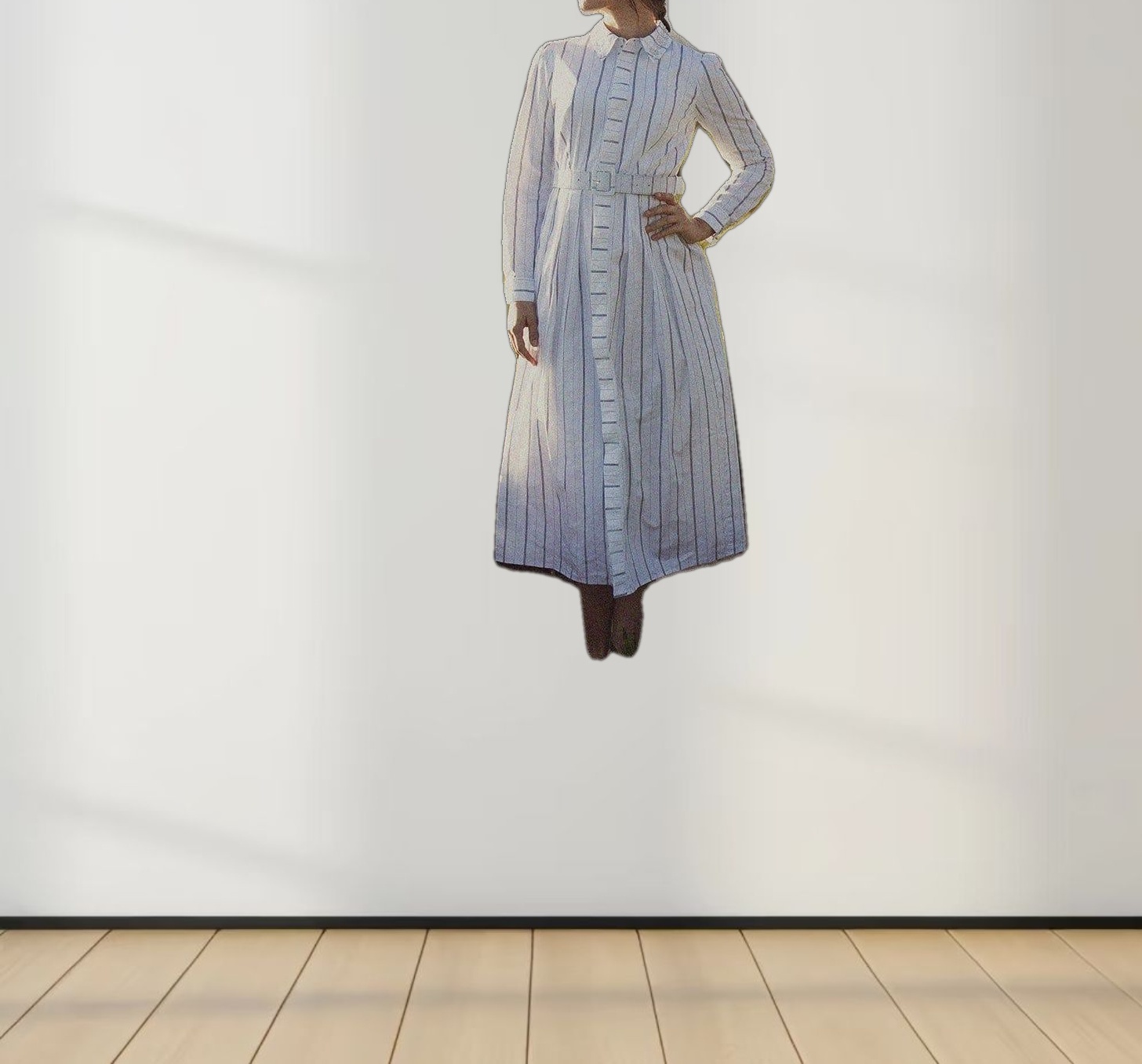 Jeweled Collar Belted Shirtdress-White Pinstripe