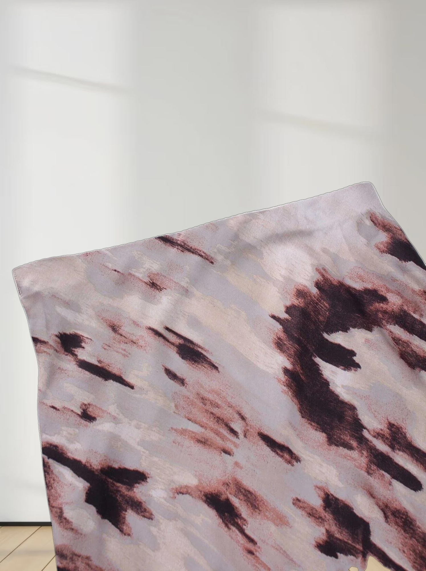 Printed Satin Slip Skirt-Brown Brushstrokes