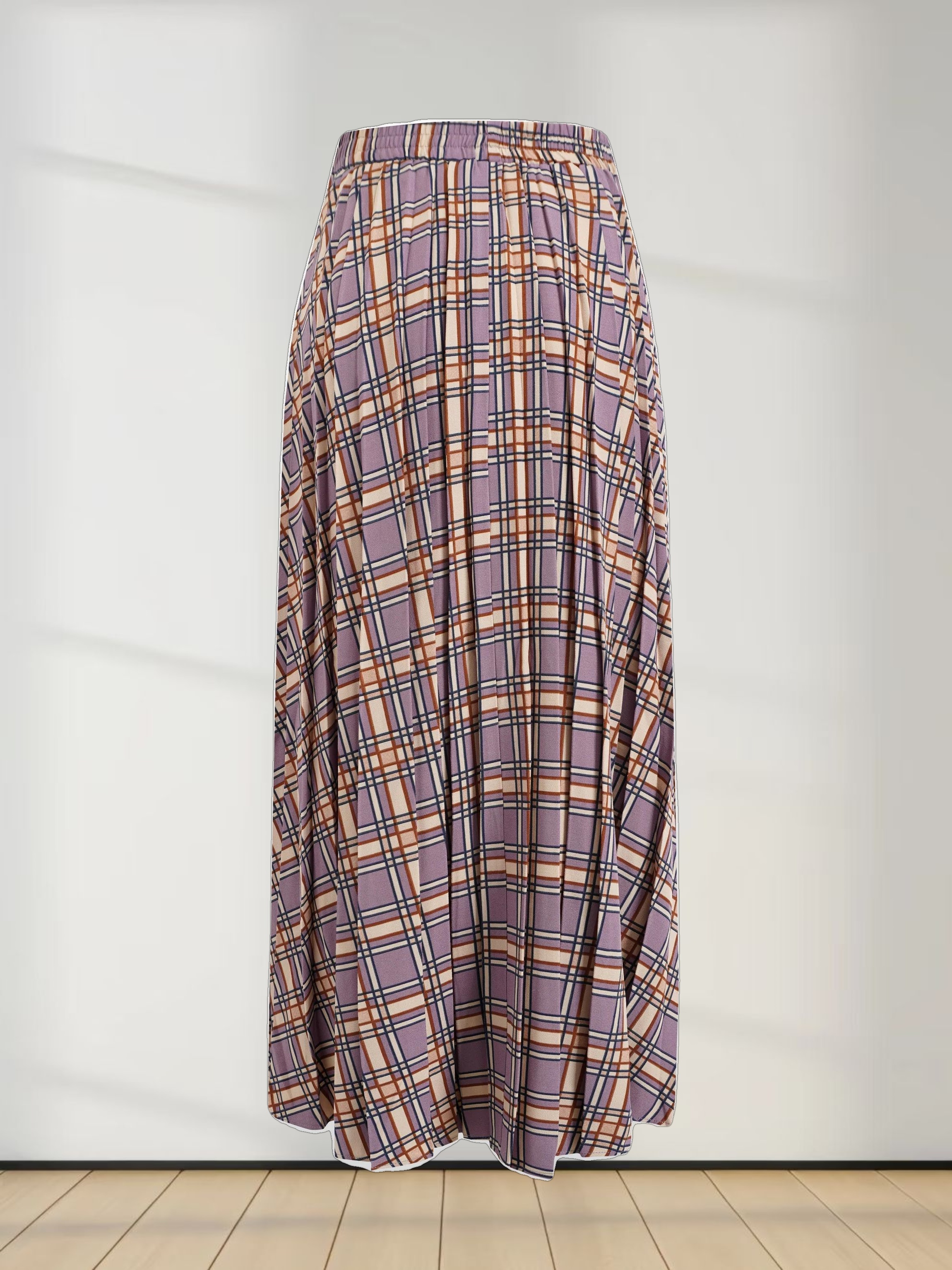 Covered Band Pleated Skirt-Lavender Plaid