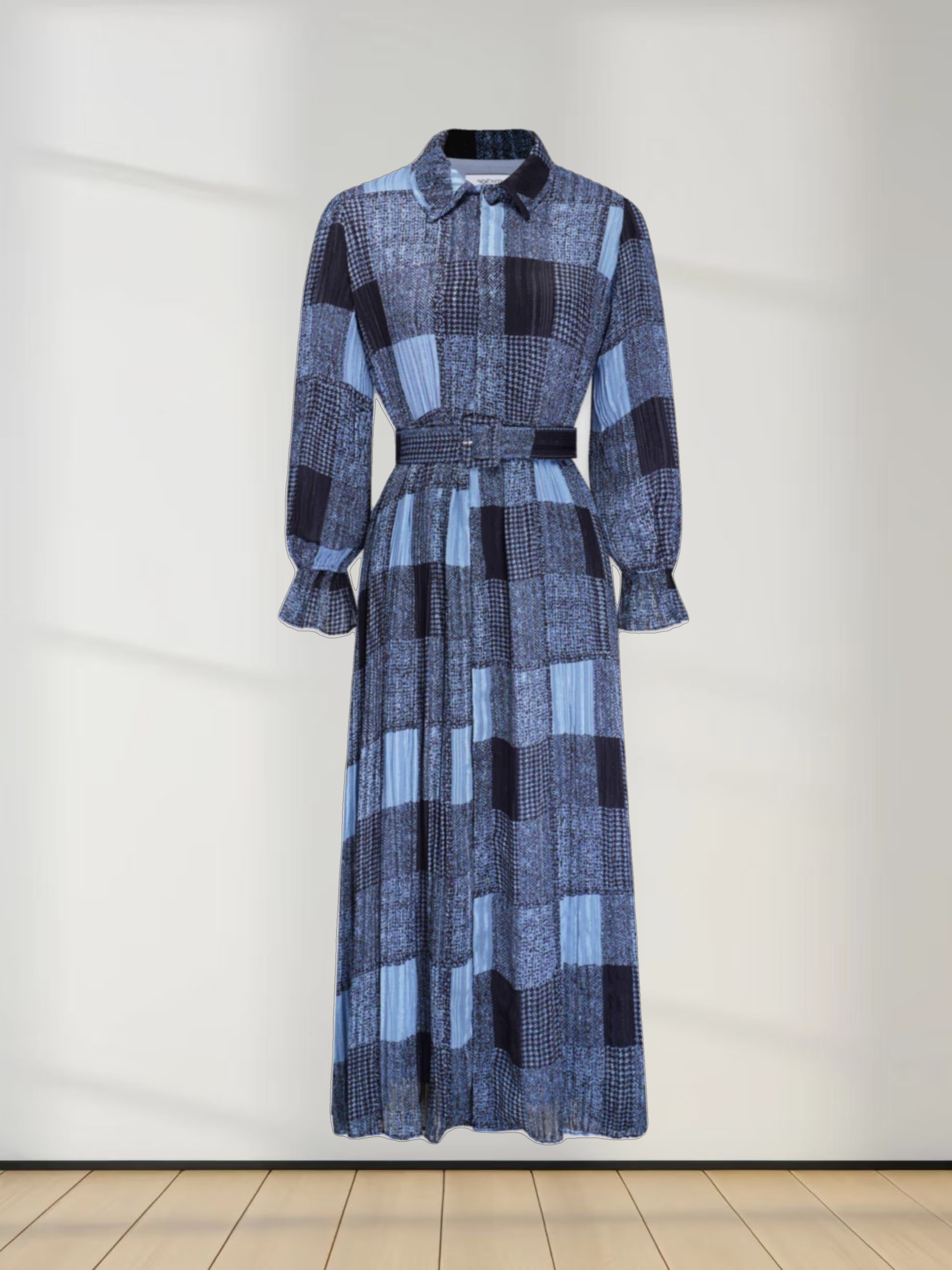 Belted Pleat Dress-Blue Plaid