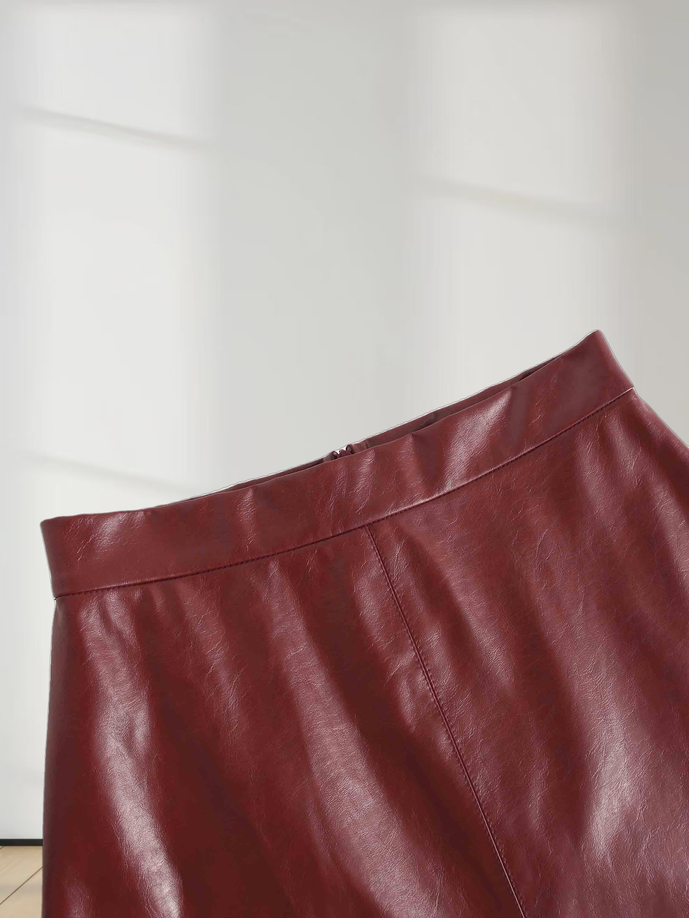 Coated Faux Leather A-Line Skirt-Burgundy