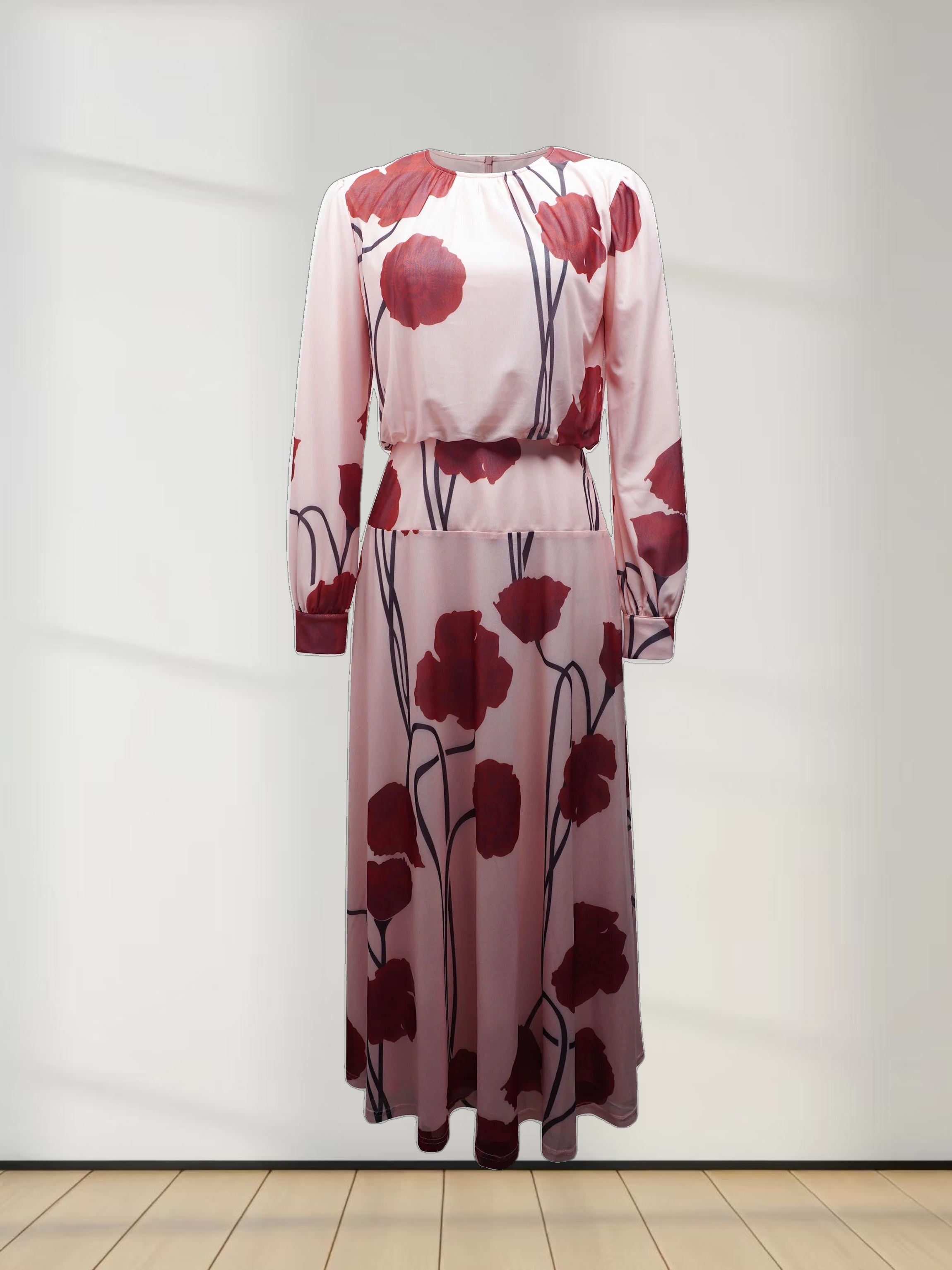 Waist Yoke Dress-Mesh Pink Floral