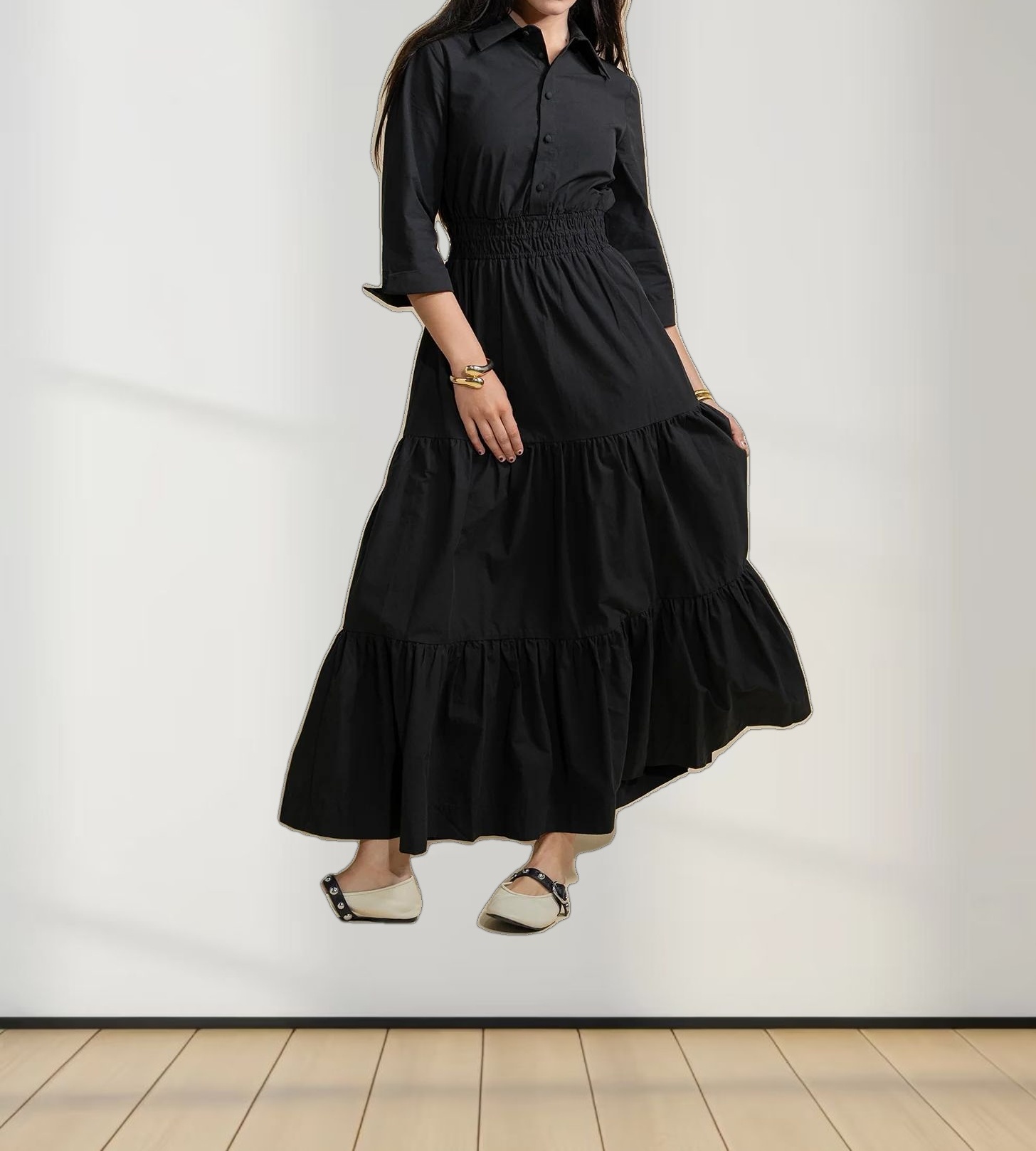 Elastic Waist Tiered Shirtdress-Black