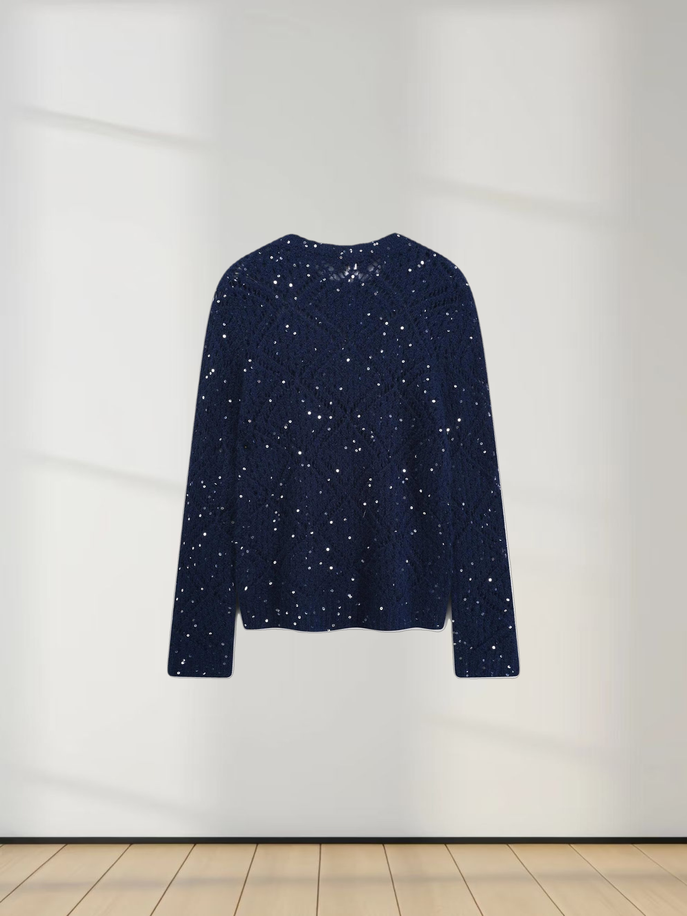 Open Crochet Knit Sequin Sweater-Navy