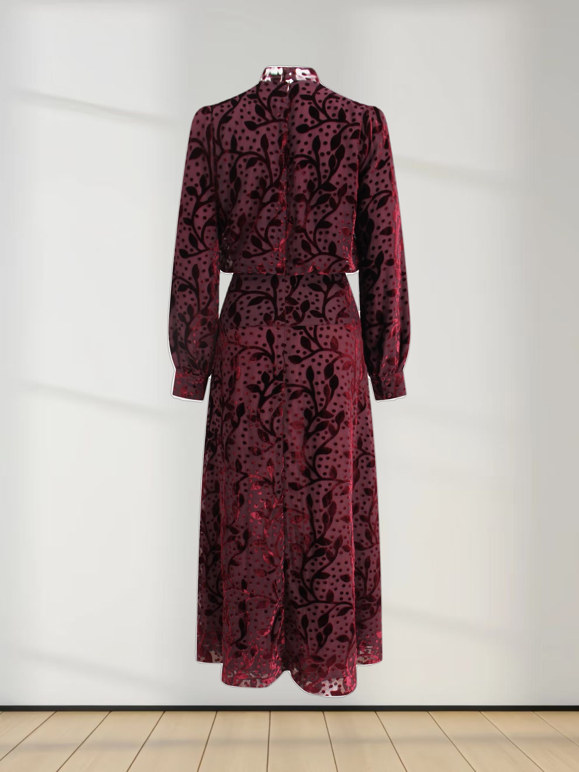 Waisted Yoke Dress-Burgundy Velvet Leaves