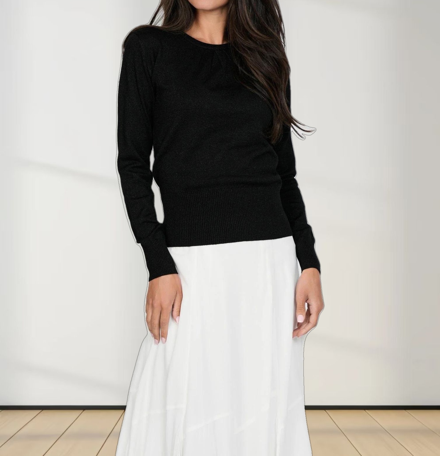 LUREX PLEAT NECK SWEATER-BLACK