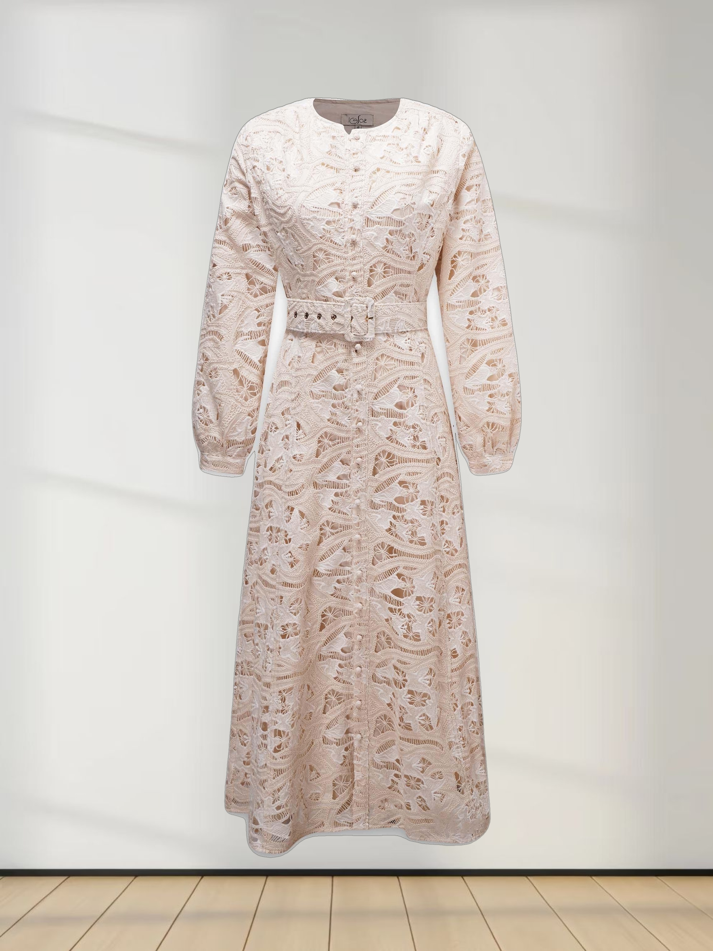 Lace Cutout Princess Style Belted Dress-Cream