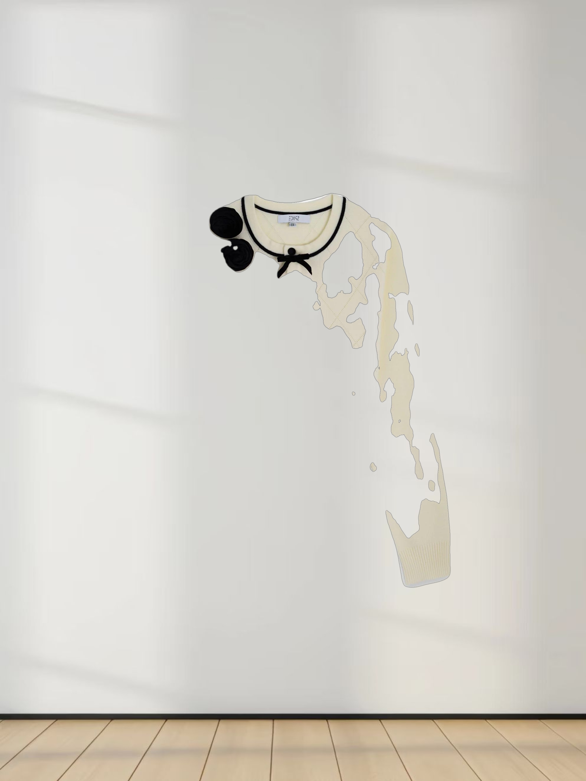 Velvet Detail Pointelle Crew Cardigan-Cream/Black