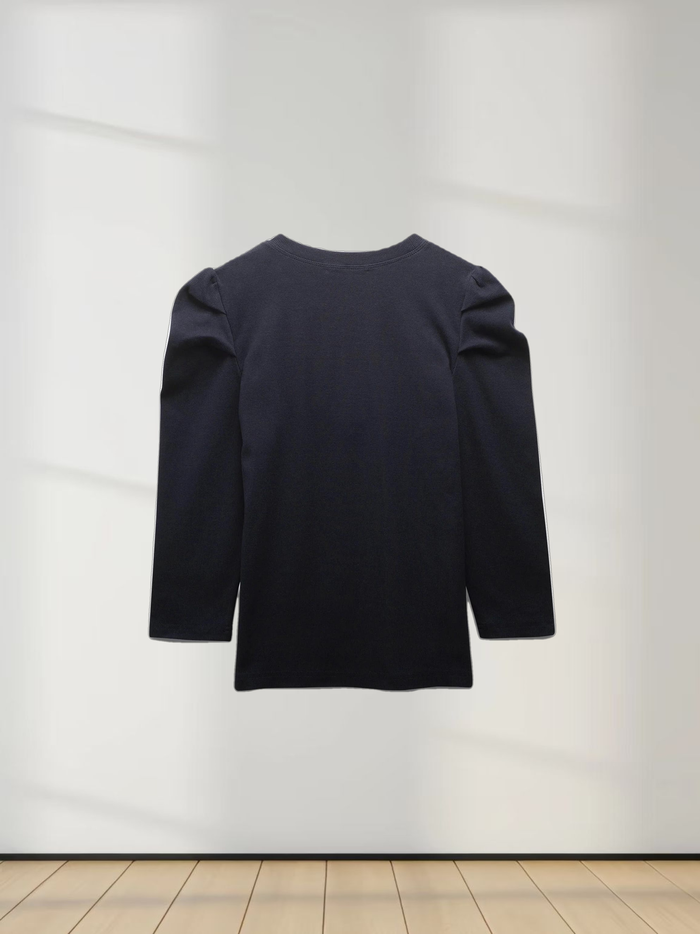 Ribbed Crew Neck Puff Sleeve Top-Navy