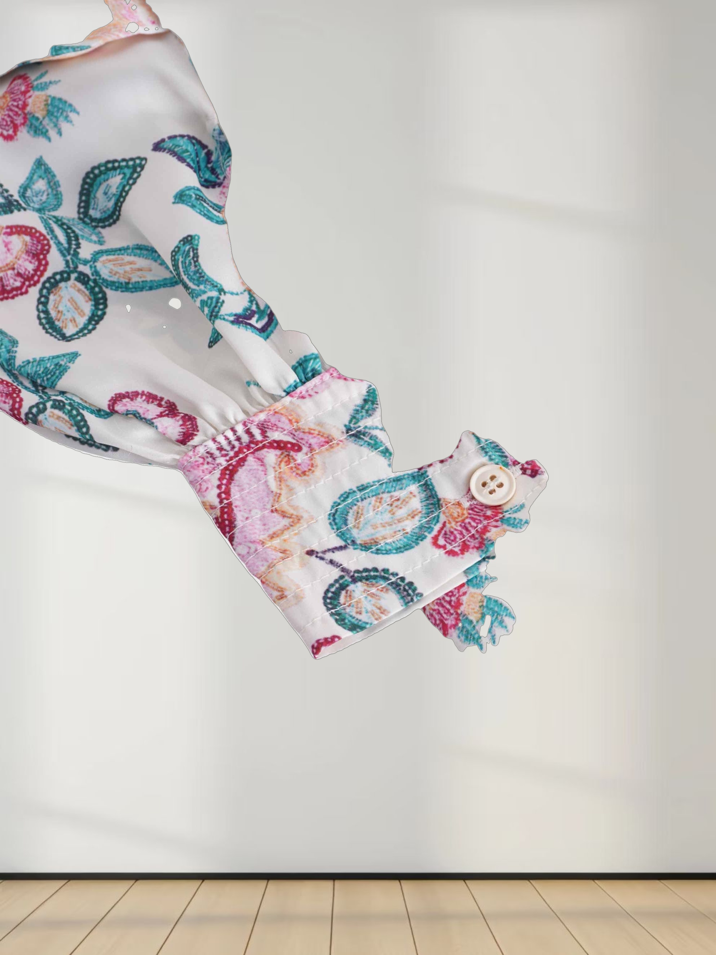 Ruffle Sleeve Belted Dress-Aqua/Pink Floral