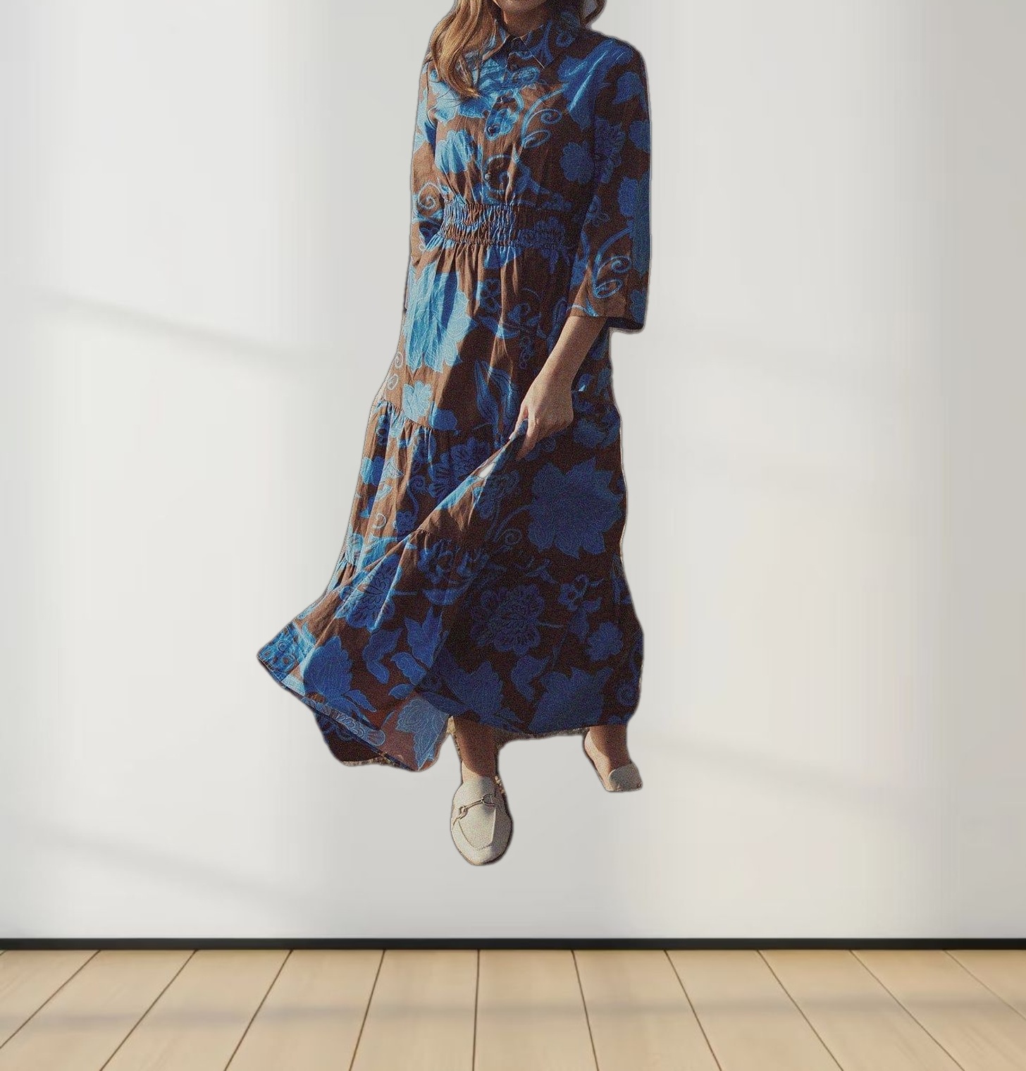 Elastic Waist Tiered Shirtdress-Brown/Blue Floral