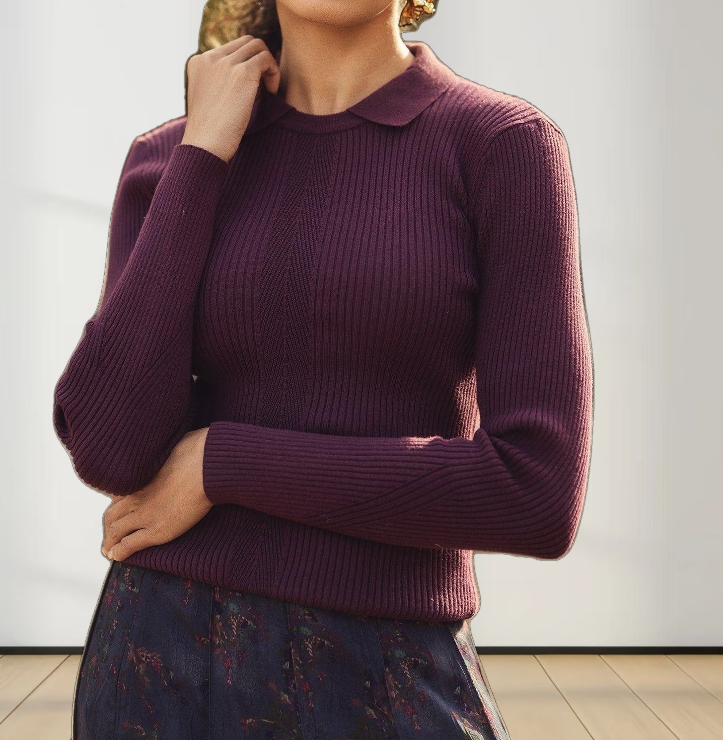 Center Design Sweater-Burgundy