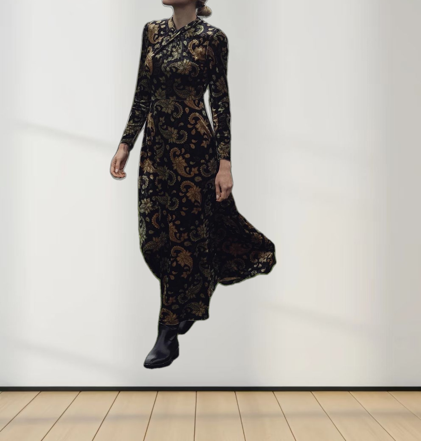 Velour Front Knot Maxi Dress-Gold Paisley