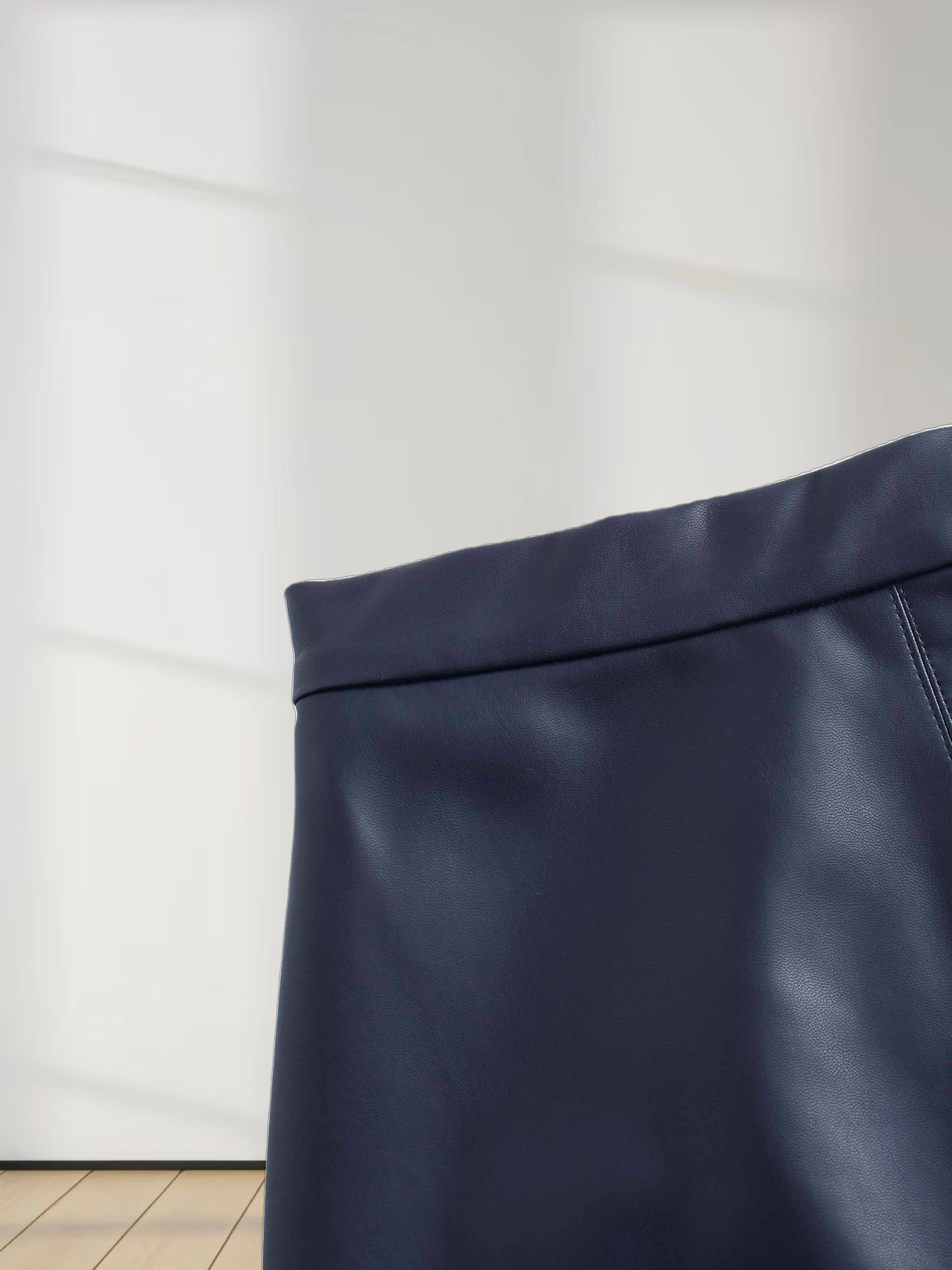 Short A-Line Seamed Faux Leather Skirt-Navy