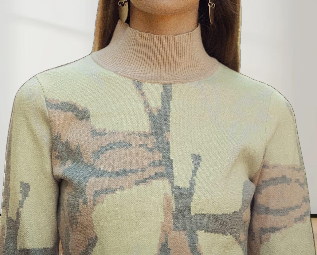 Printed Mock Neck Sweater-Grey/Peach/Yellow