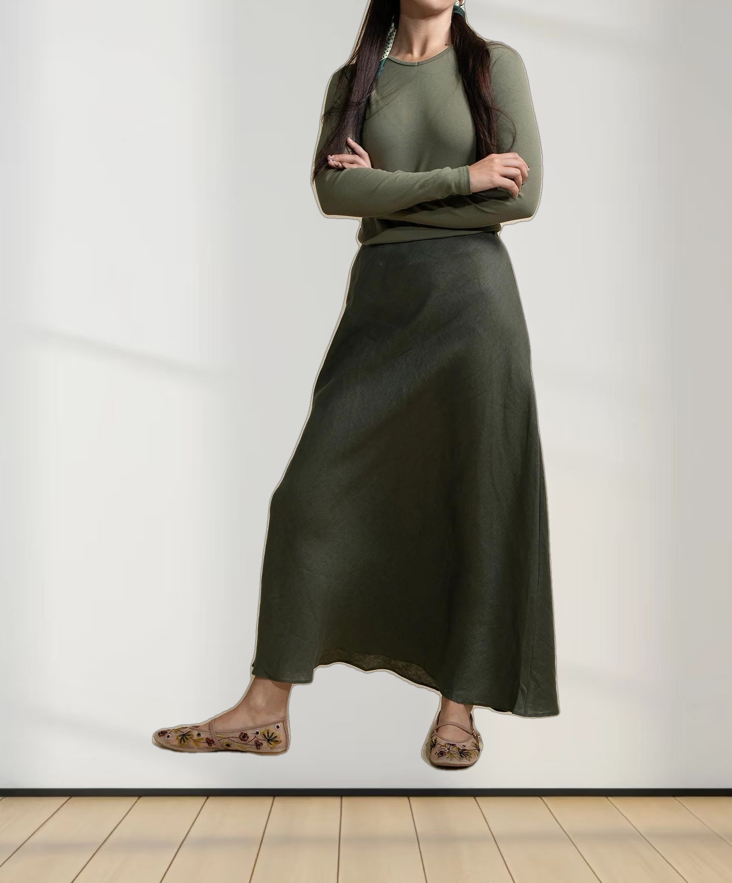 RIBBED HIGH V TEE LS-CAMOUFLAGE GREEN