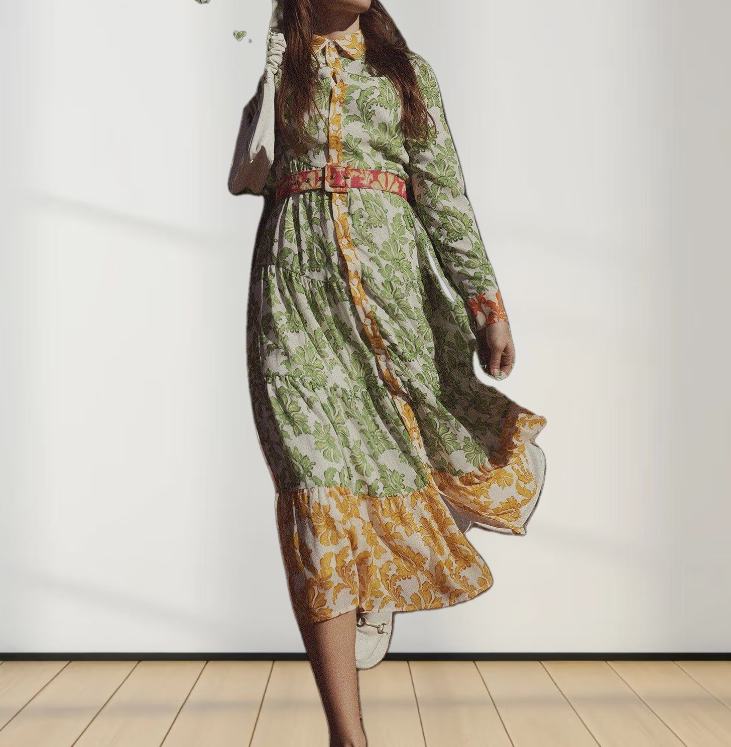 Belted Tiered Dress-Green Floral