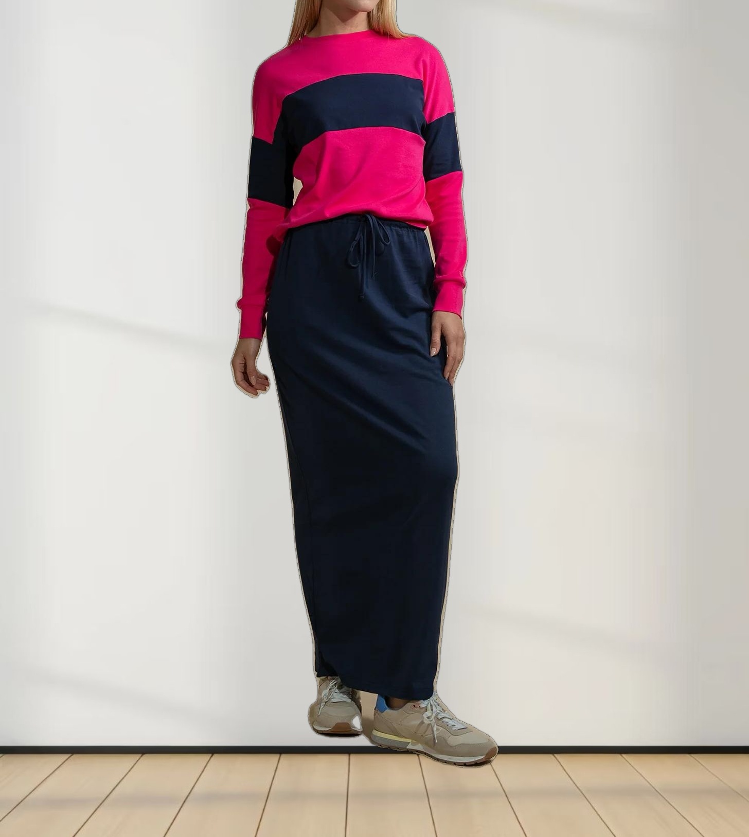 Straight Maxi Drawstring T-Shirt Skirt-Navy