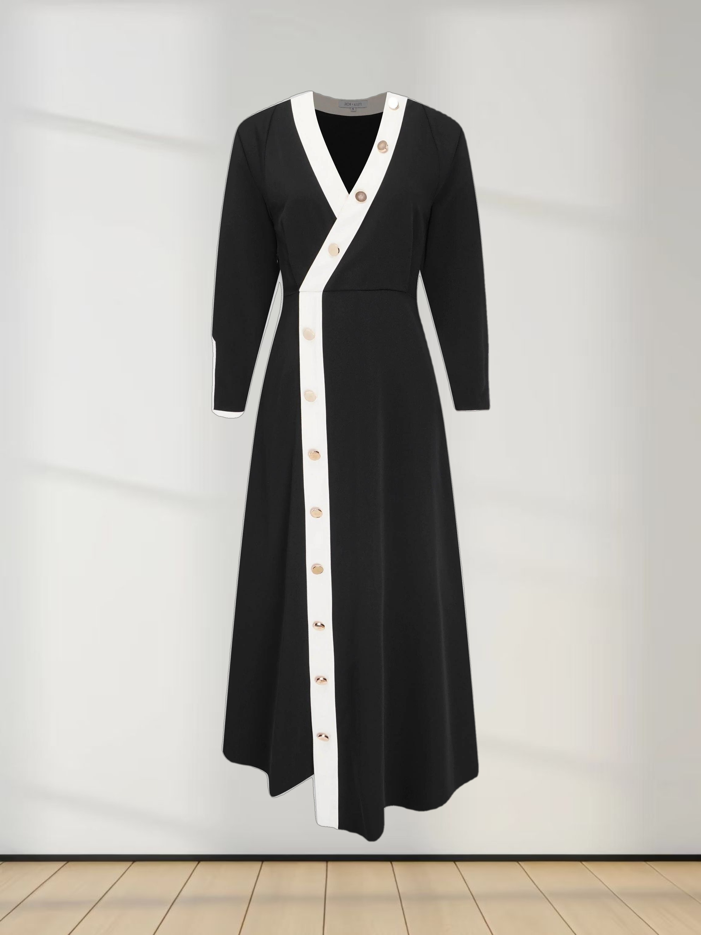 Side Button Dress- Black/Cream Trim