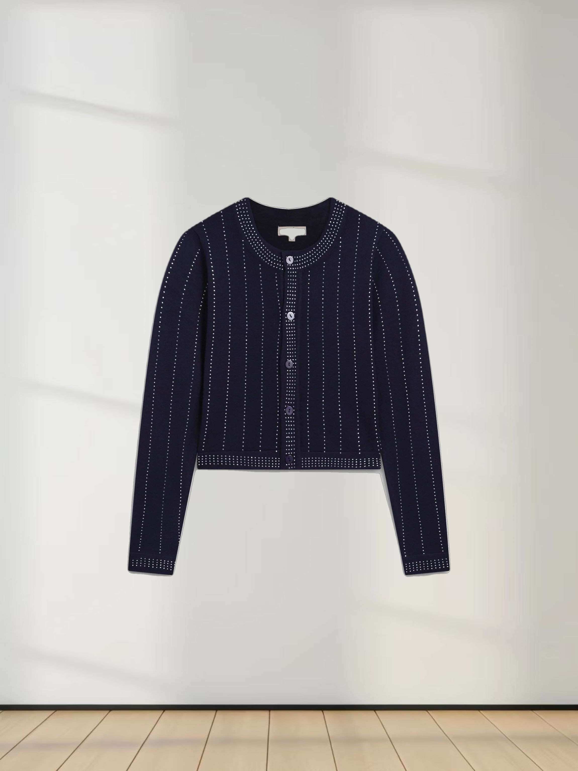 Crystal Pinstripe Crew Cardigan-Navy