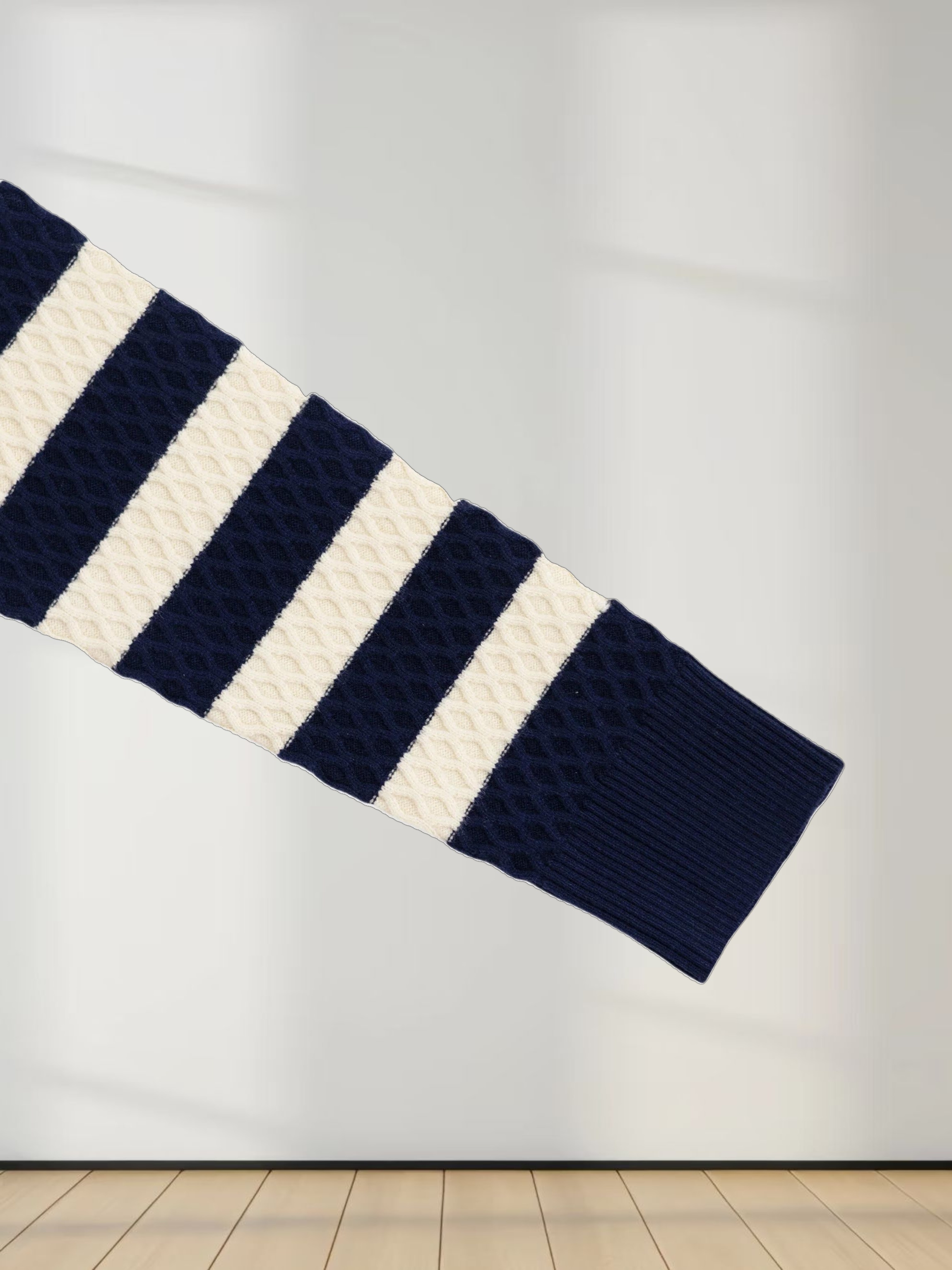 Laced Ruffle Collar Striped Sweater-Navy/Cream