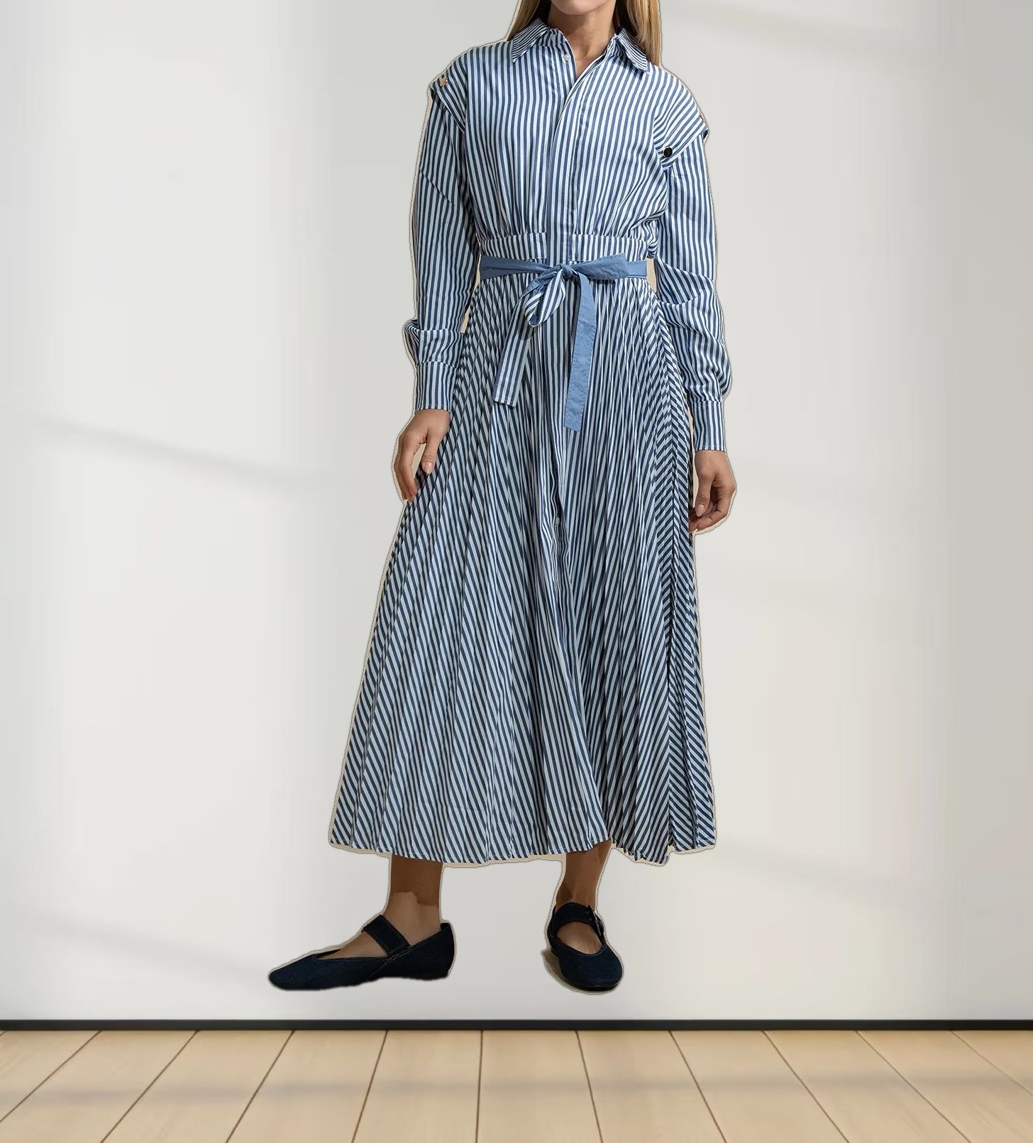 Pleat Bottom Waisted Shirtdress-Navy Pinstripe