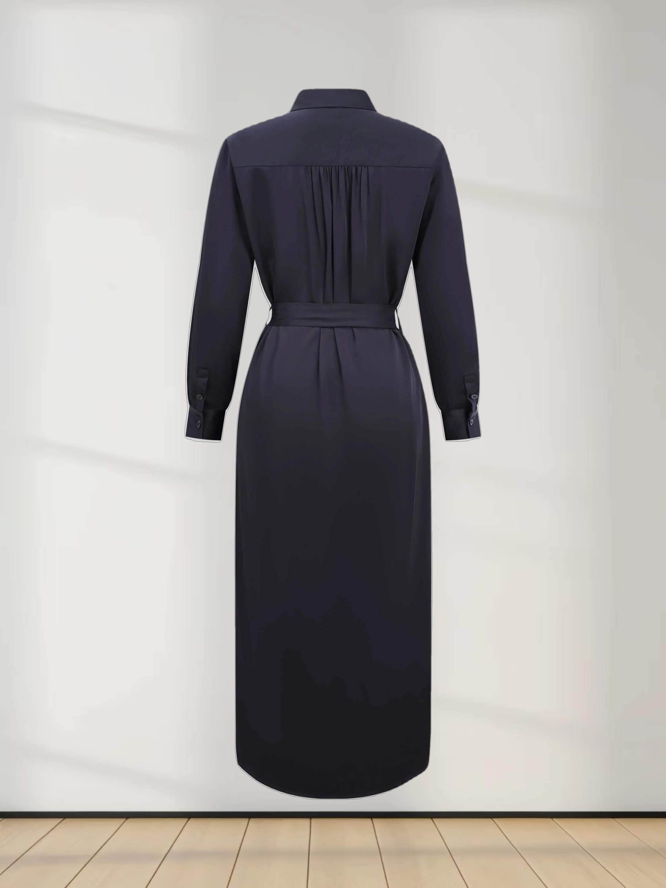 Gathered Back Shirtdress-Black