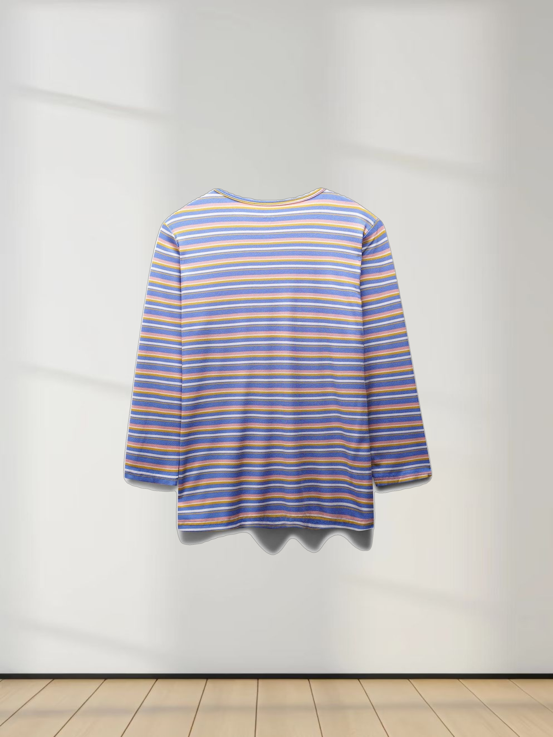 Ribbed Striped Crew 3/4 Sleeve-Light Blue/Pink