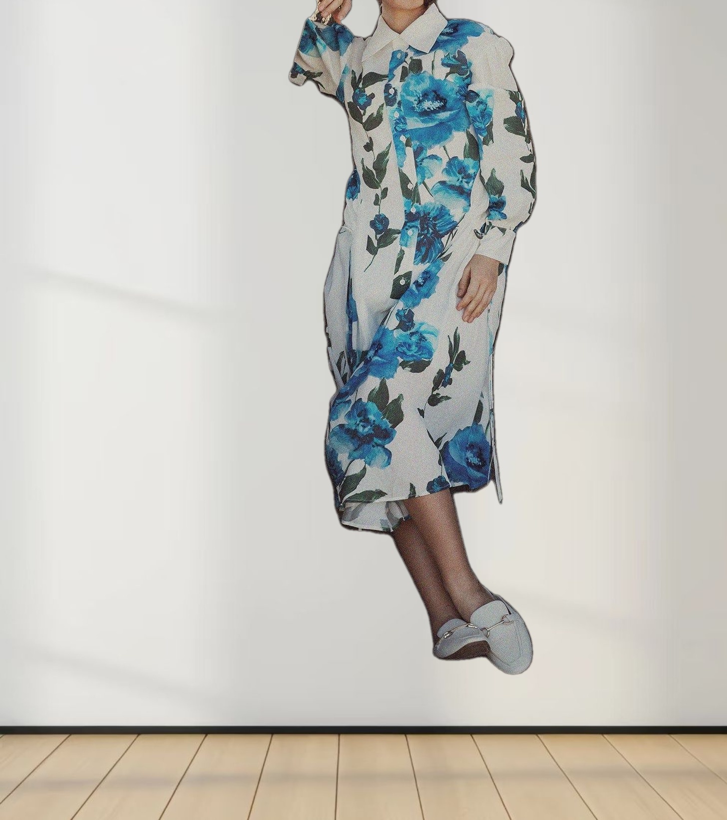 Printed Shirred Pocket Dress-Blue Floral