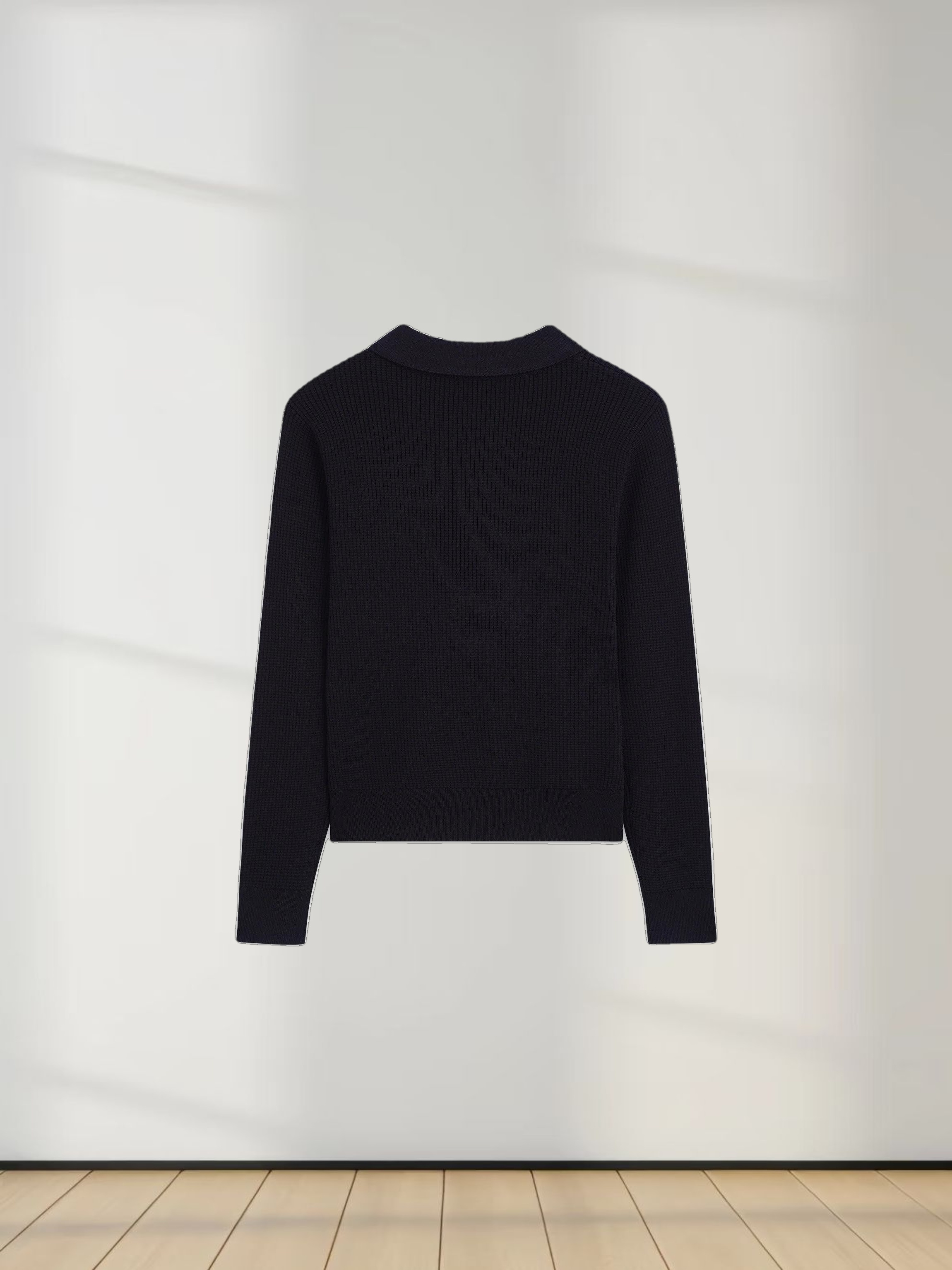 Waffle Collared Sweater-Black