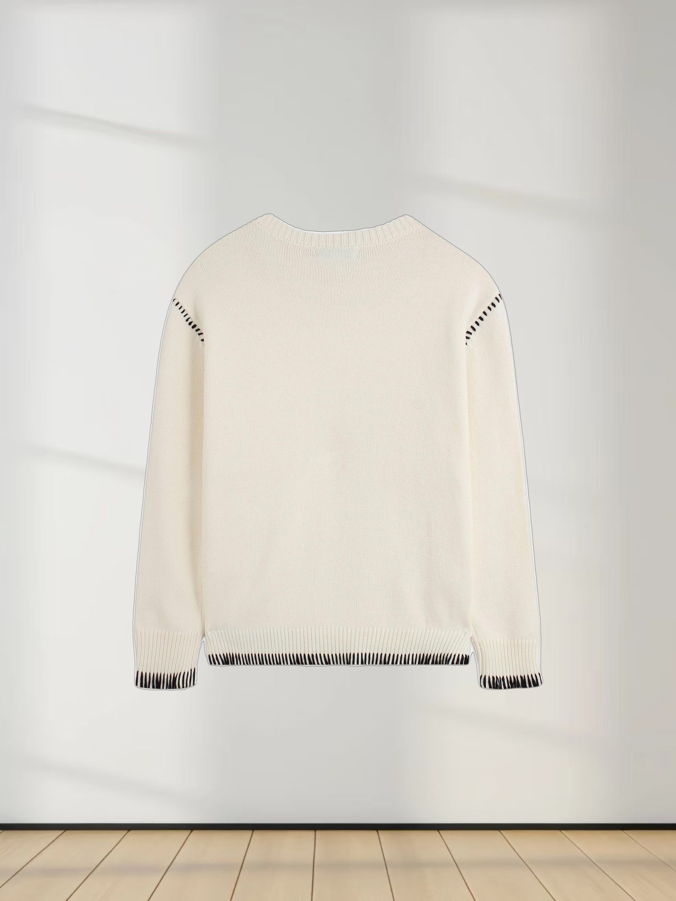 Overlock Stitch Sweater-Cream/Black