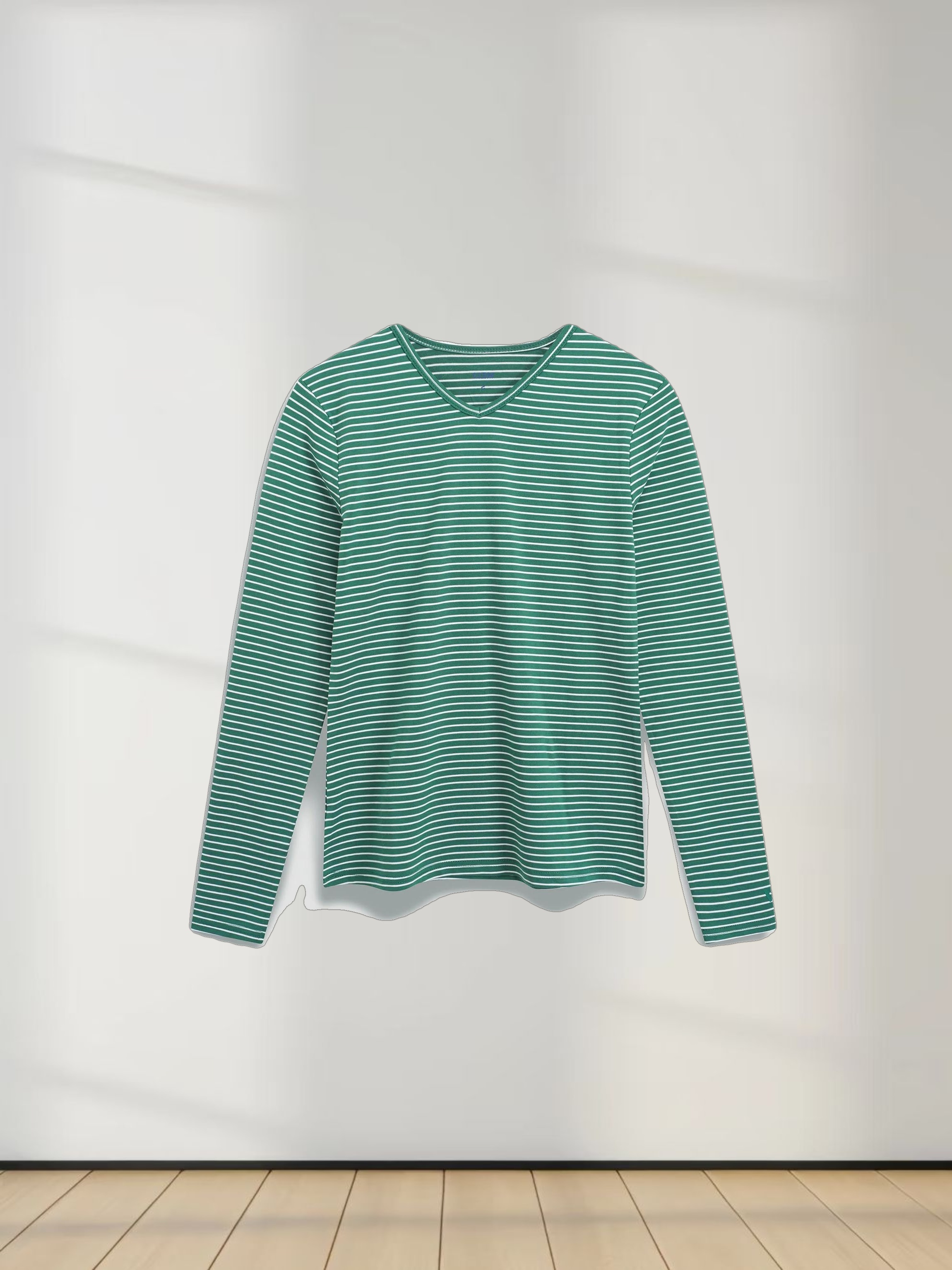 Flat Striped High V Long Sleeve-Green/White