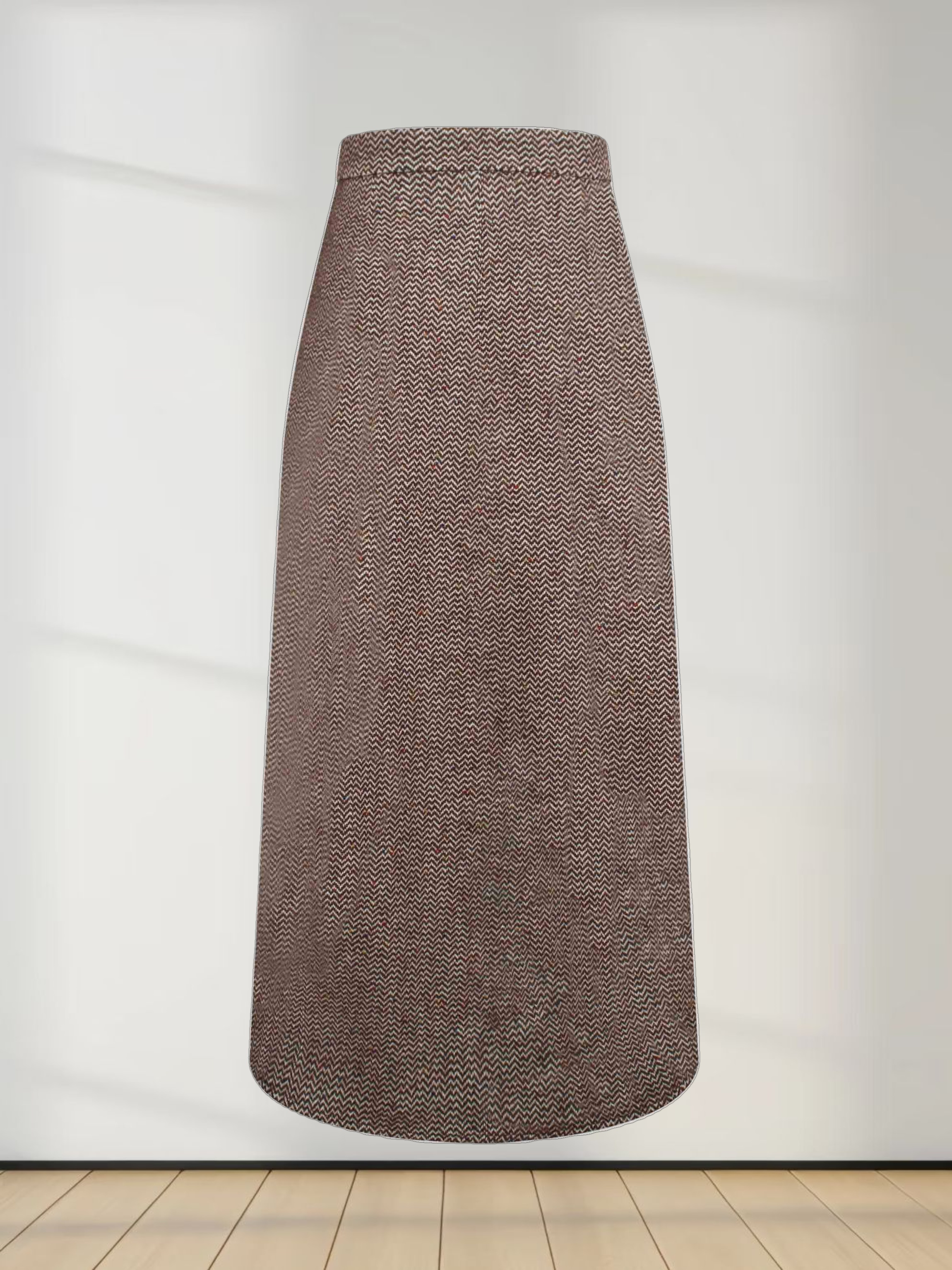Button Front A-Line Skirt-Brown Herringbone