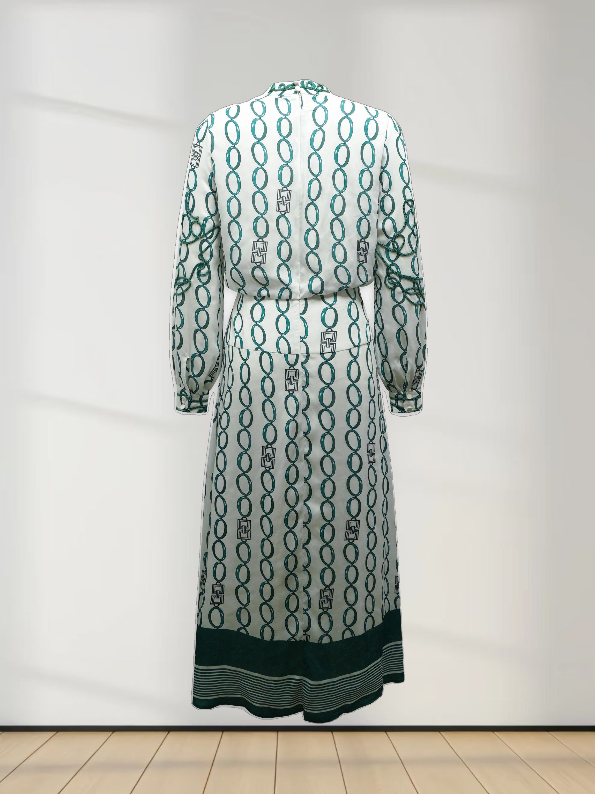 Ribbon Detail Yoke Dress-Green/White