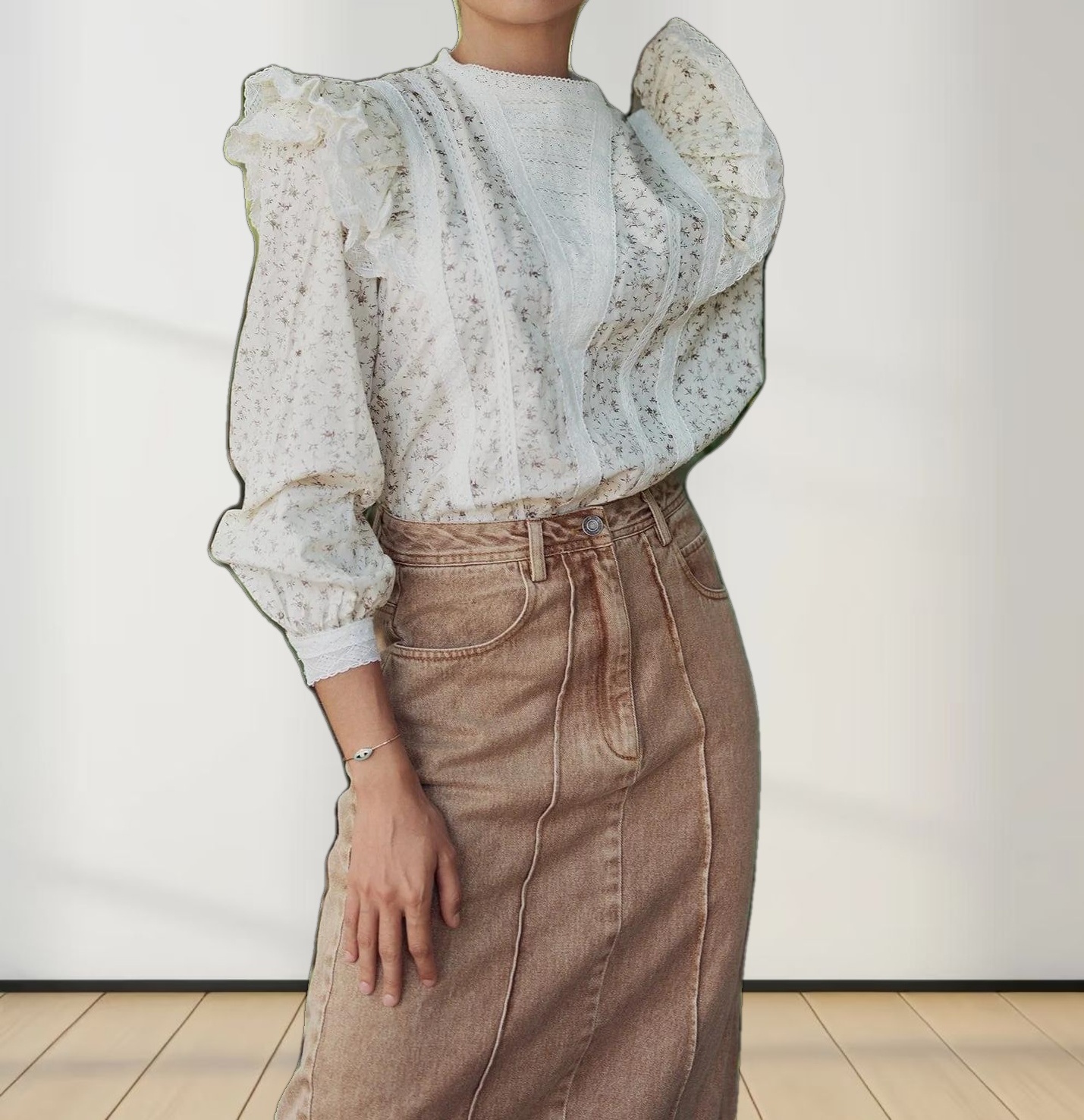 Denim Seamed Skirt-Brown