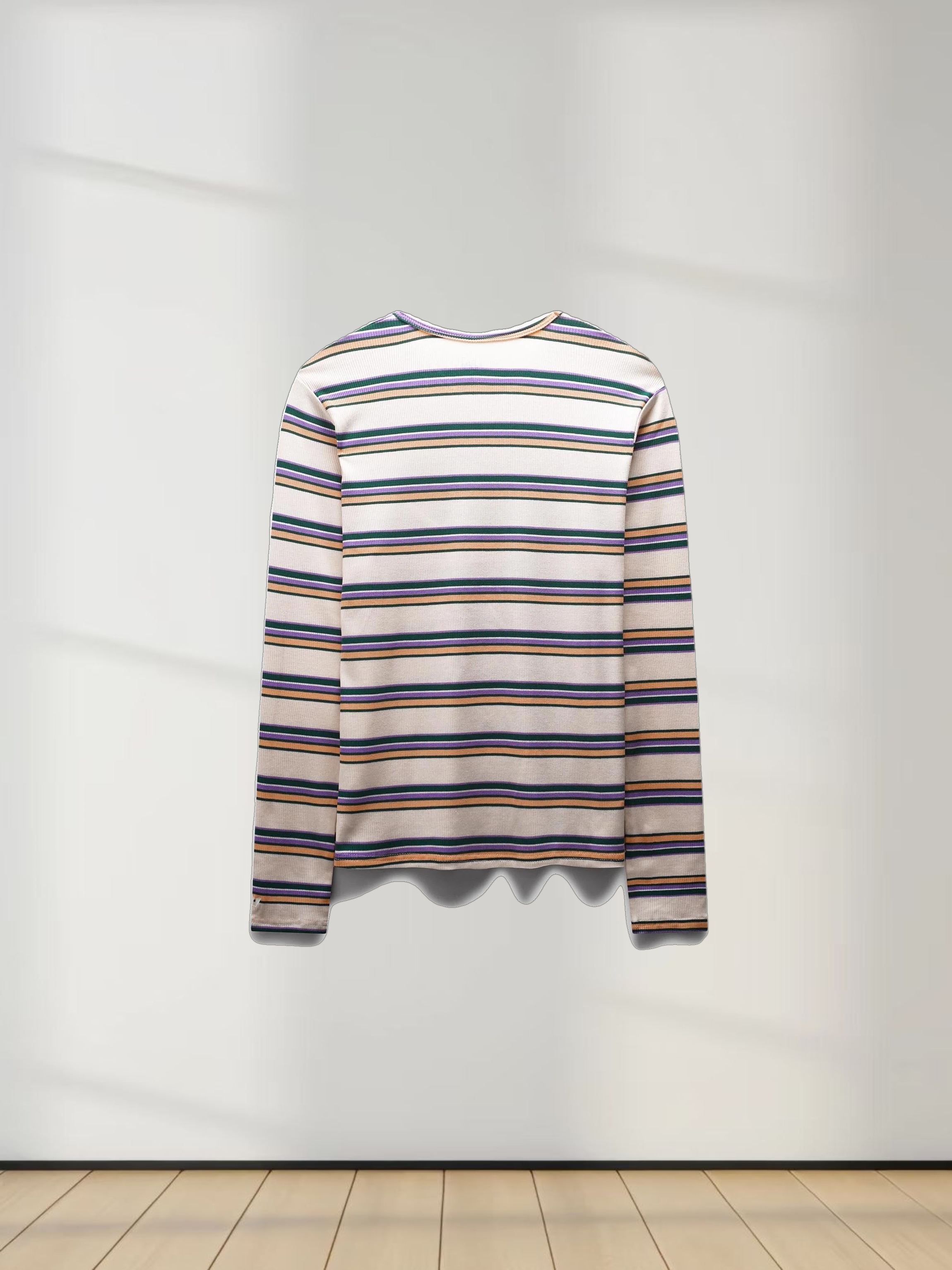 Ribbed Striped High V Tee Long Sleeve-Peach/Green