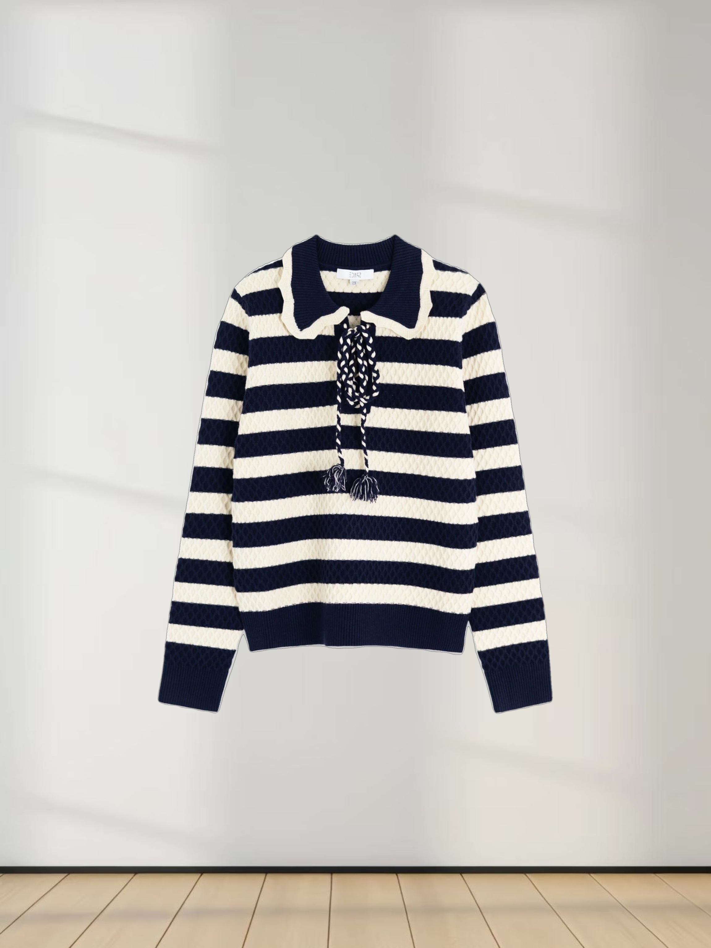 Laced Ruffle Collar Striped Sweater-Navy/Cream