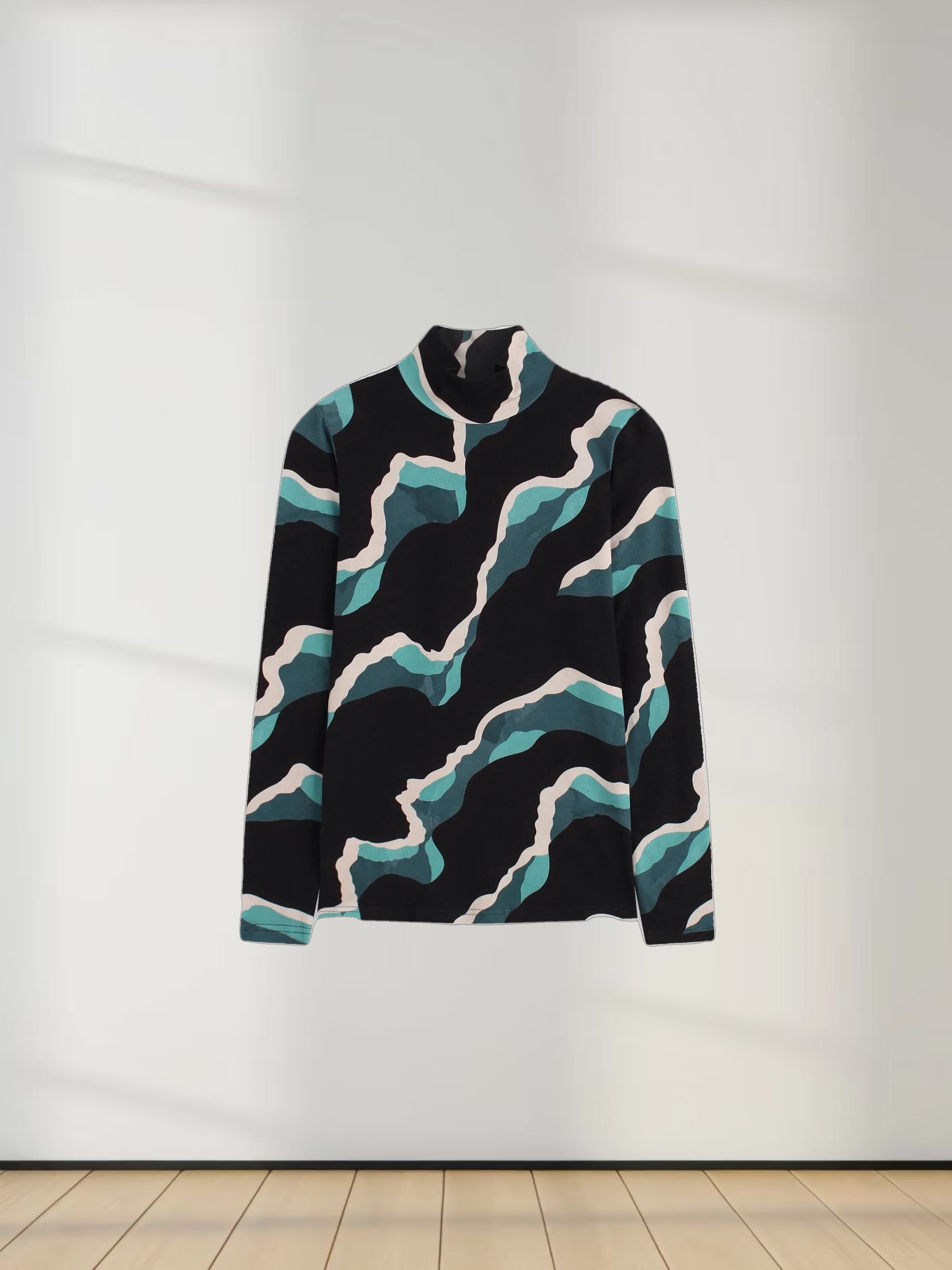 Printed Modal Turtleneck-Aqua Lightning