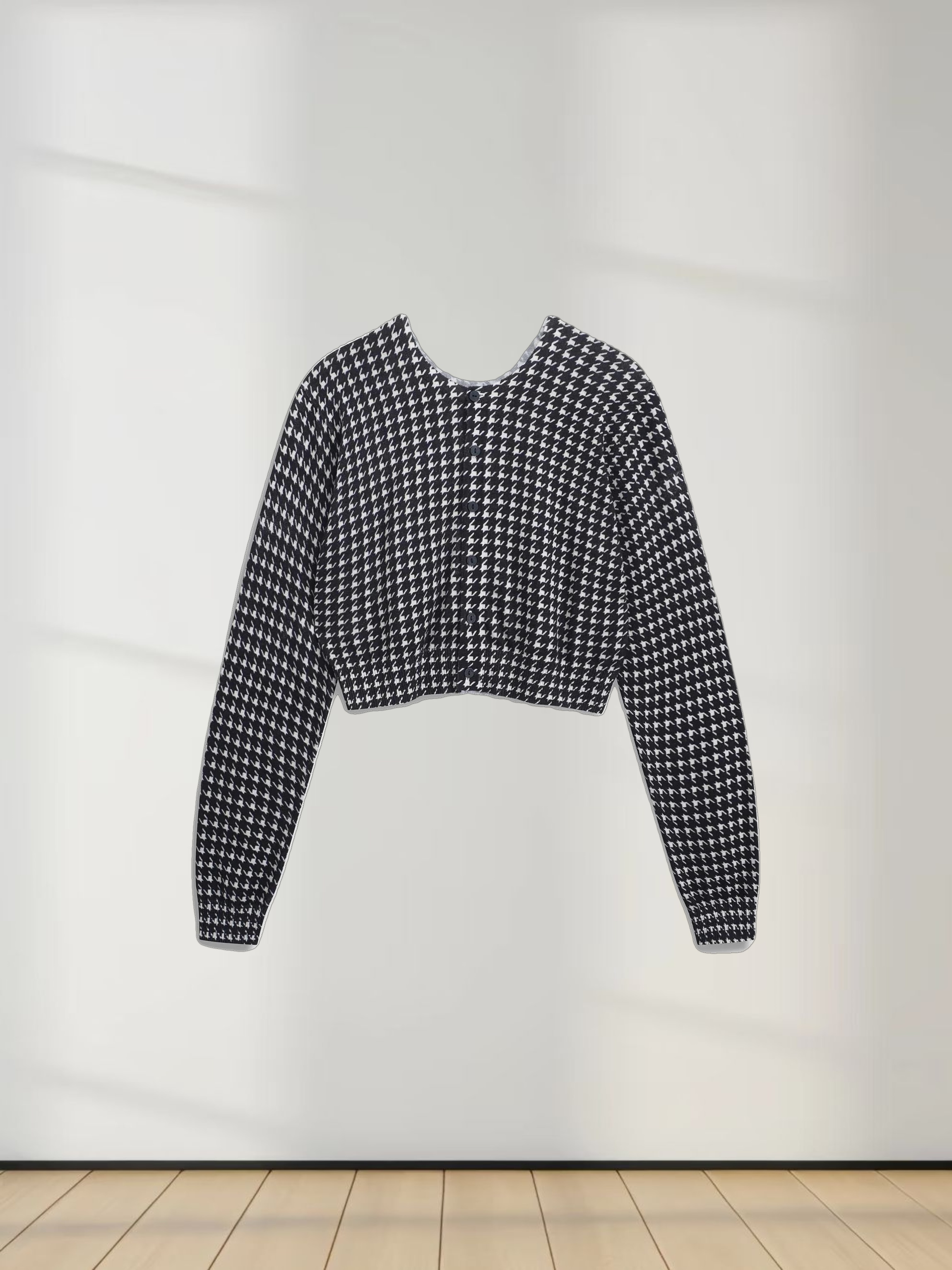 Printed Cardigan Short-Black and White Houndstooth